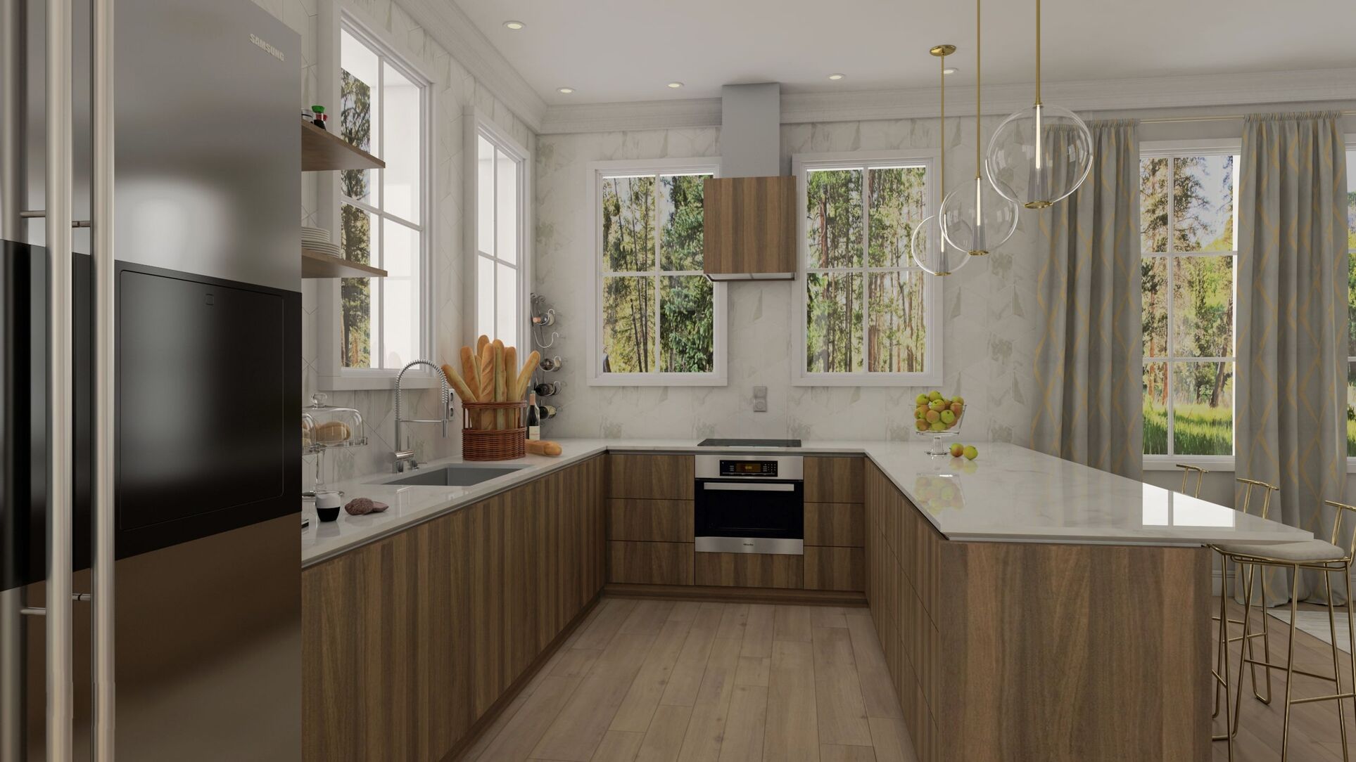 Cocina en U con isla, horno empotrado y vista a los árboles.