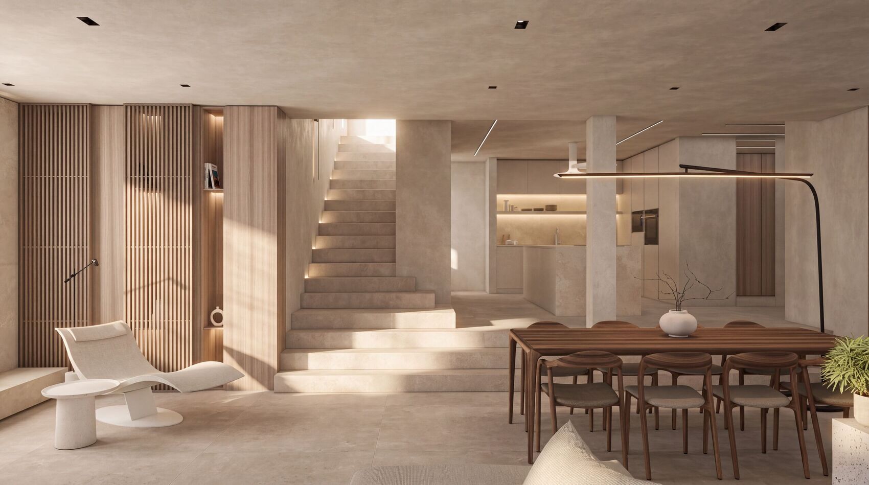 Comedor, escalera y cocina.