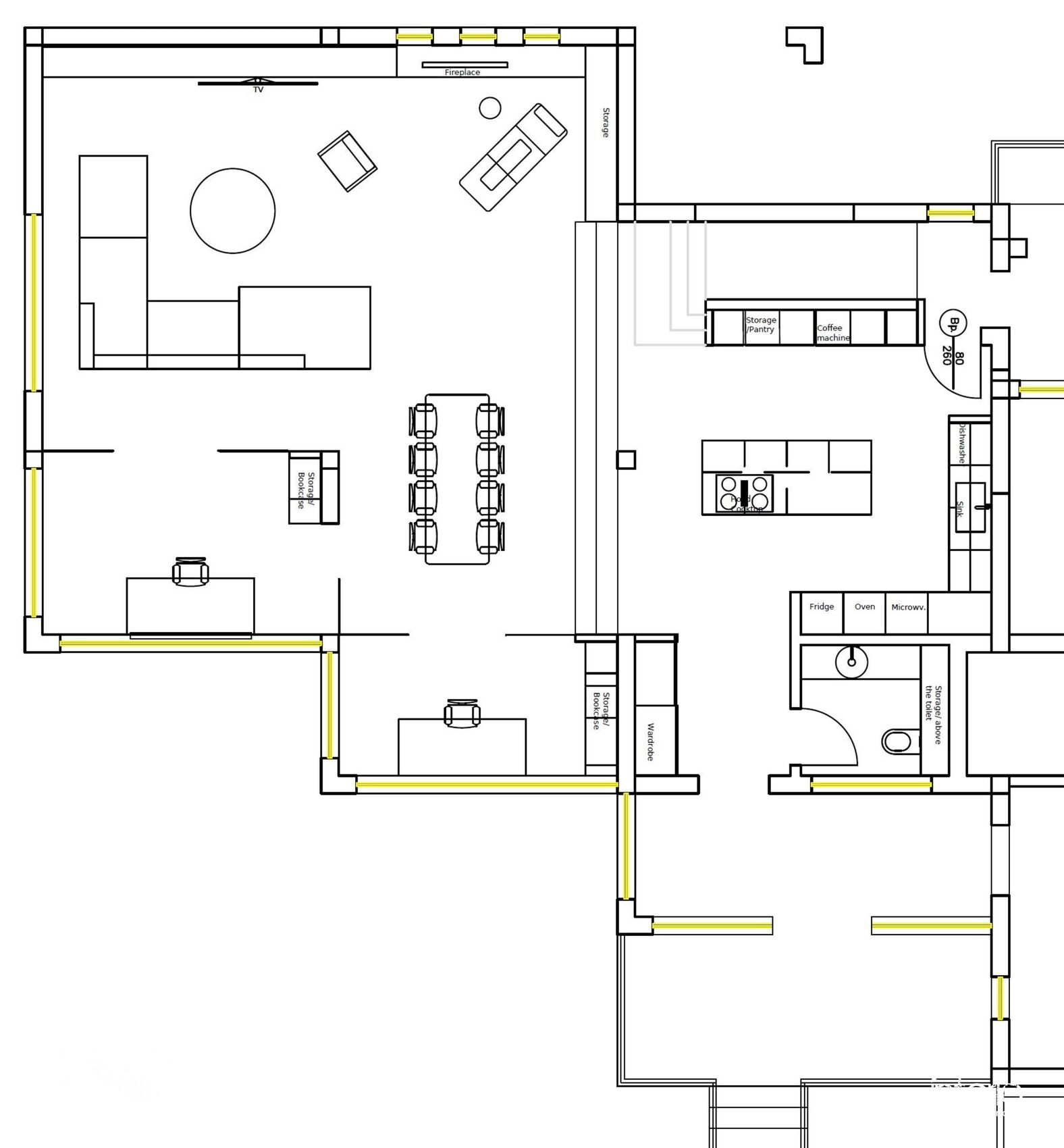 Planta de estar: salón, cocina y despachos.