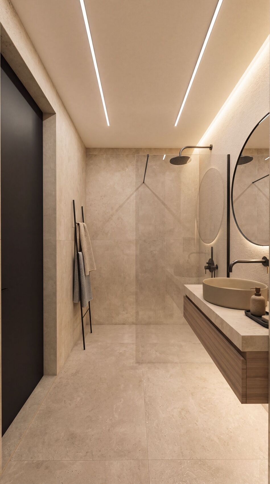 Baño de invitados hacia la ducha y la puerta negra.