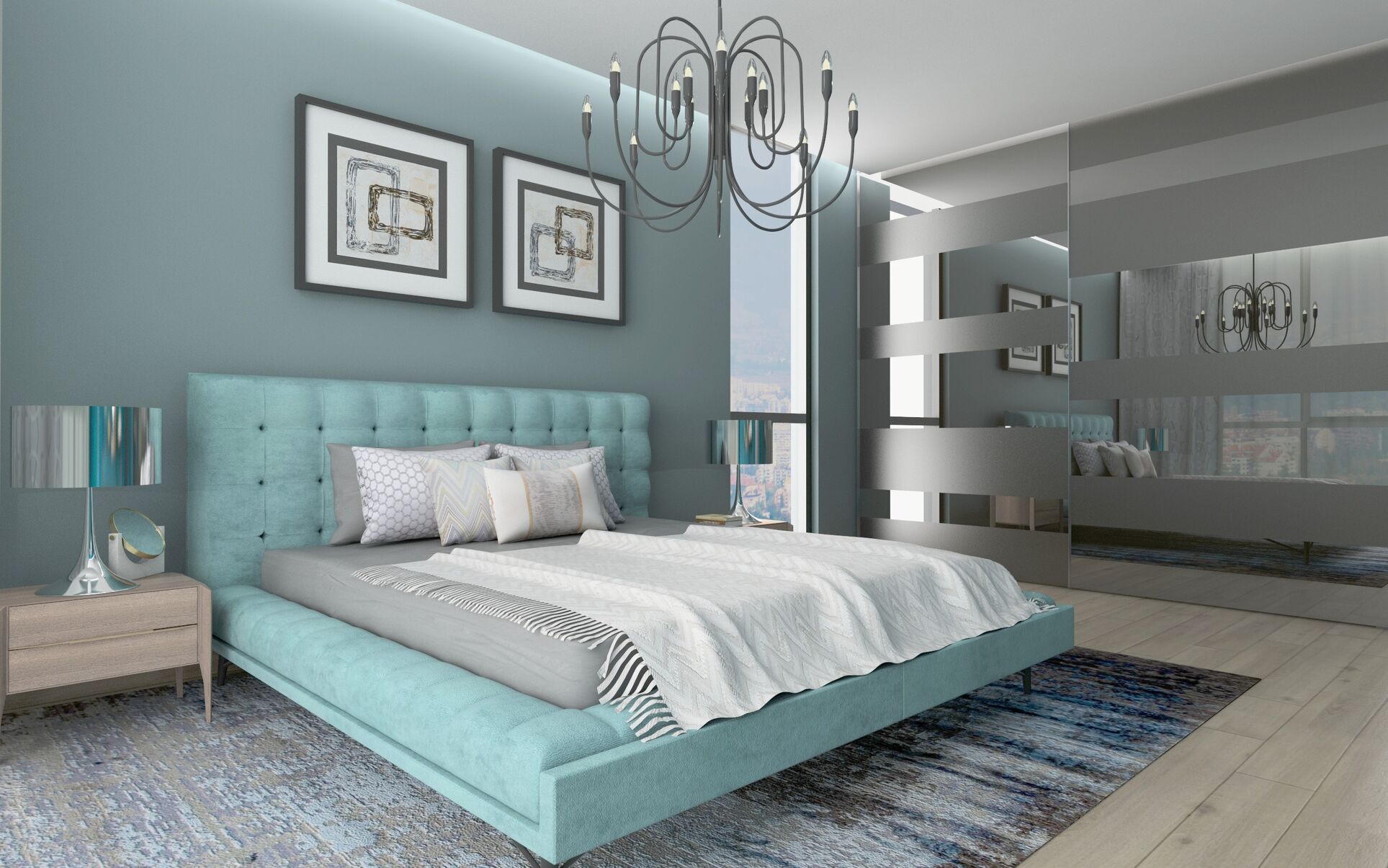 Visualisierung: das Bett zu einem Spiegelkleiderschrank mit horizontalen Bändern.