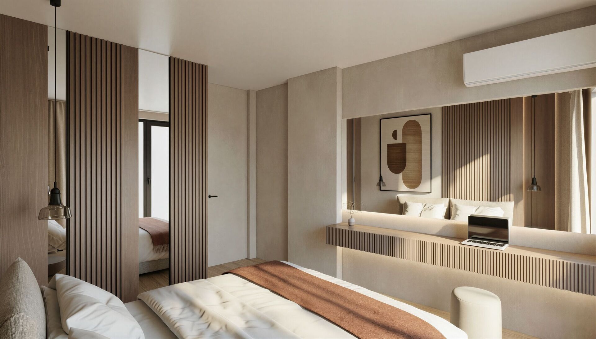 Un plan de travail avec un mur miroir dans la chambre.