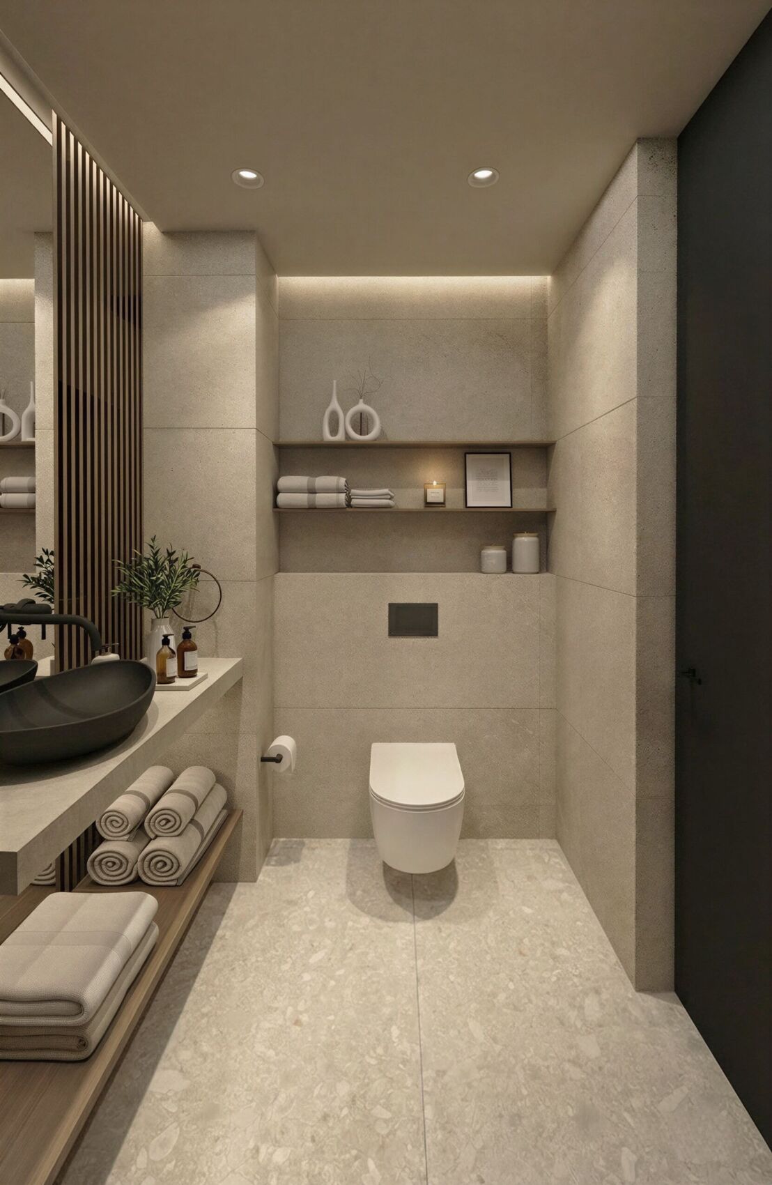 Salle de bain vers les toilettes et les étagères.