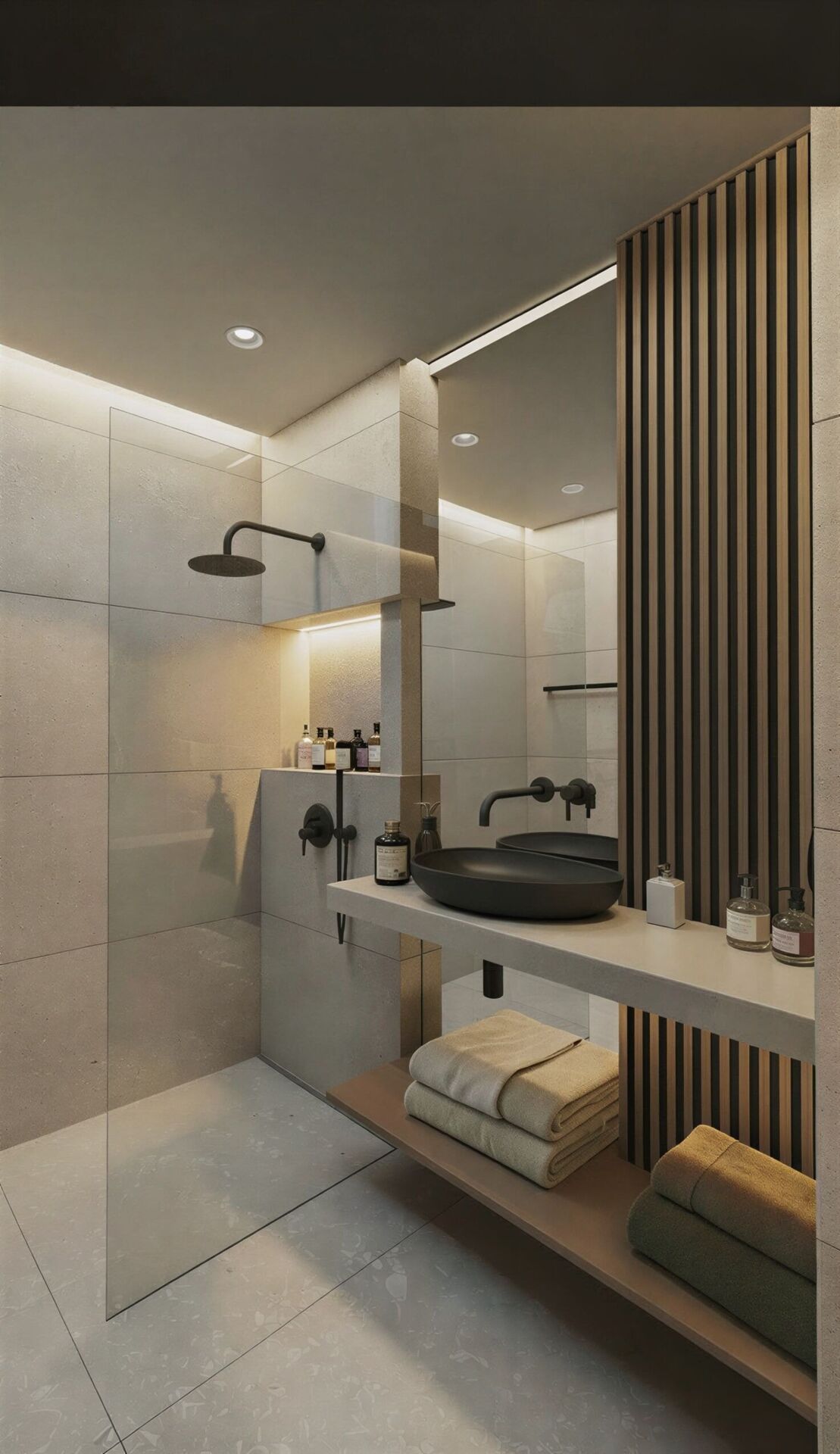 Salle de bain avec une douche vitrée, une vasque noire et du bois cannelé.
