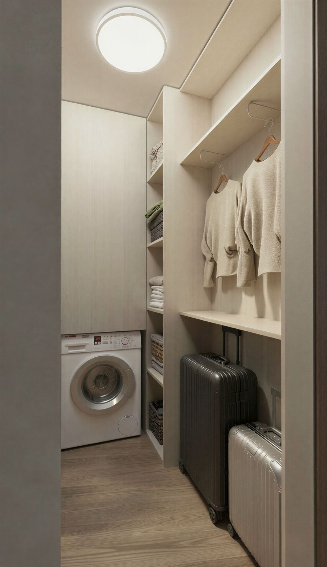 Buanderie avec un lave-linge, des étagères et une place pour les valises.