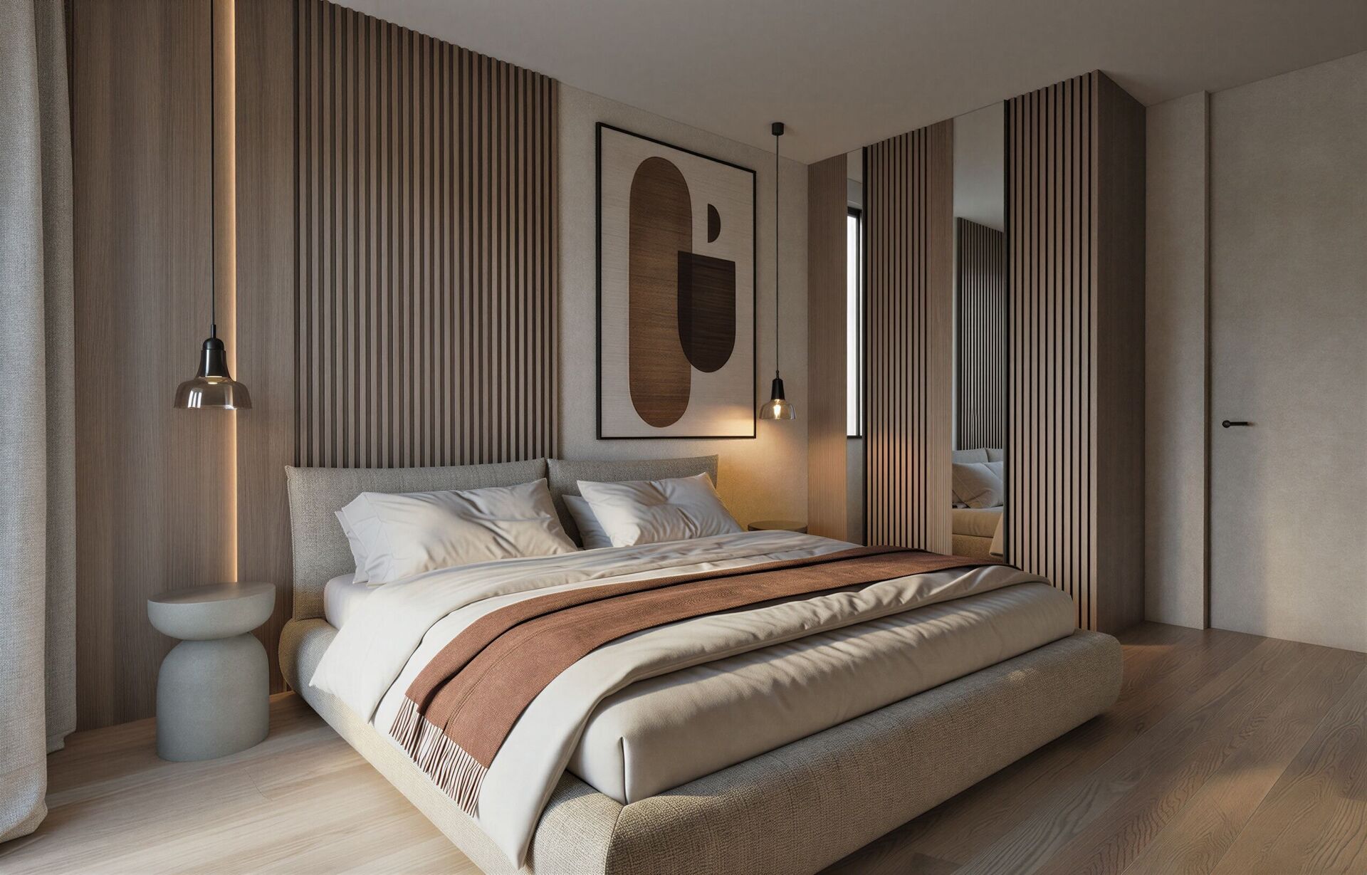 Chambre vers la porte, la lame miroir et l’estampe.