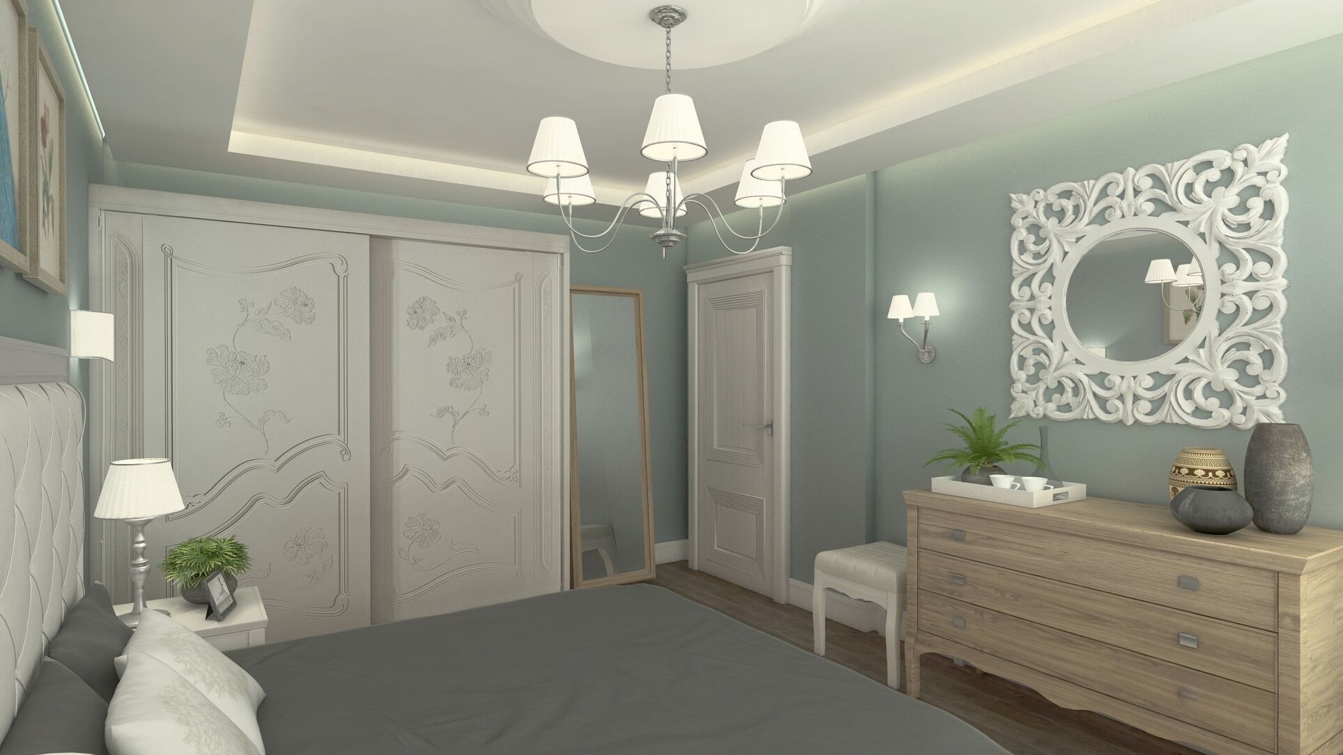 Schrank mit floralen Motiven, der ornamentale Spiegel und die Holzkommode.