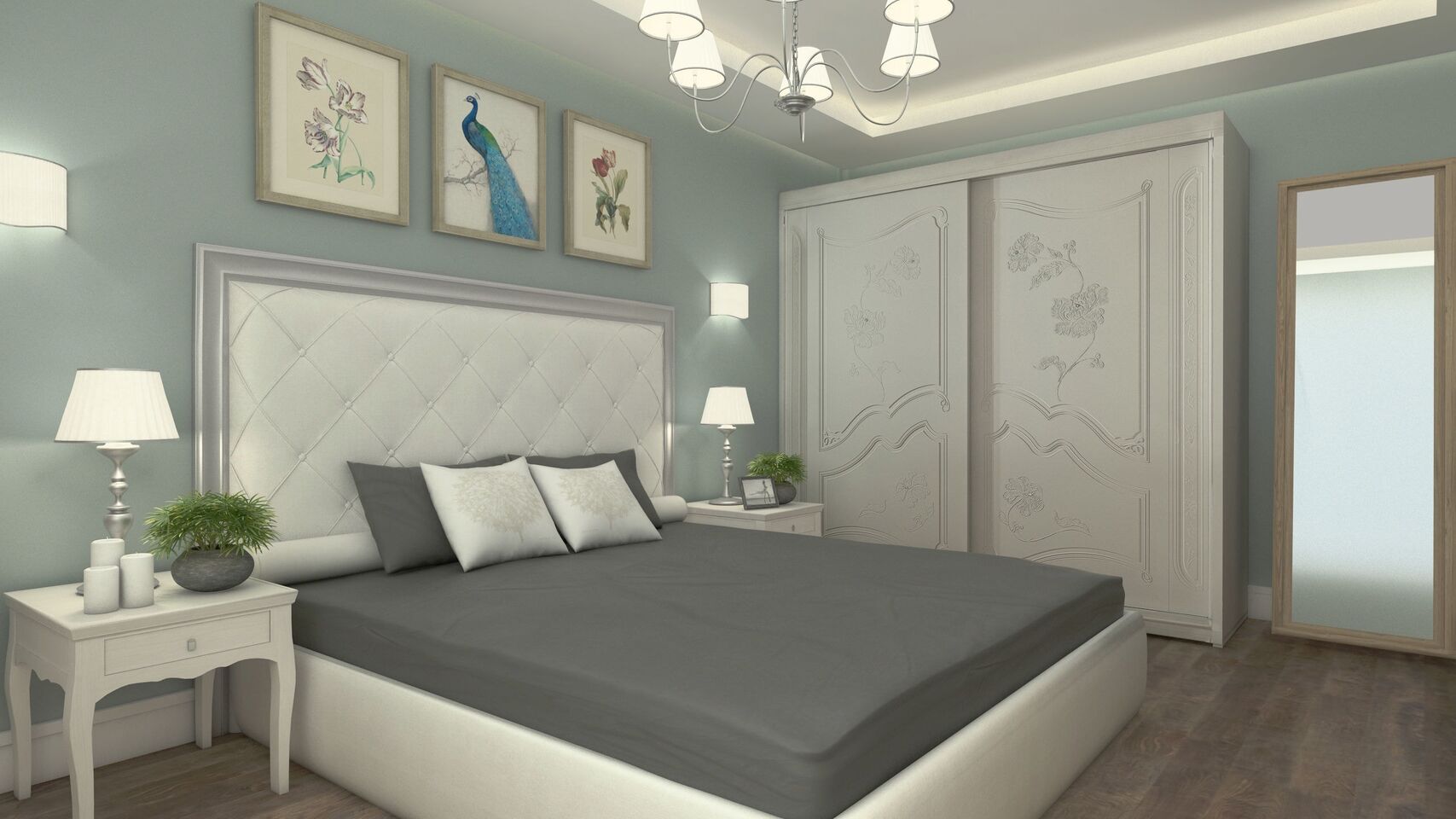Das Bett zum floralen Schrank und zum Standspiegel.