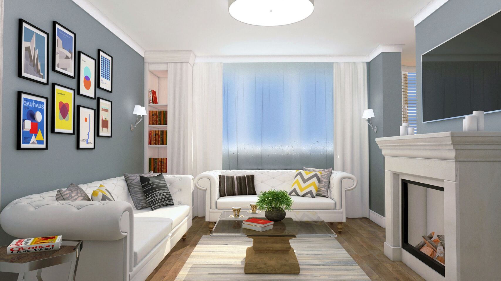 Der Wohnraum zu Kamin, Fenster und Posterwand.