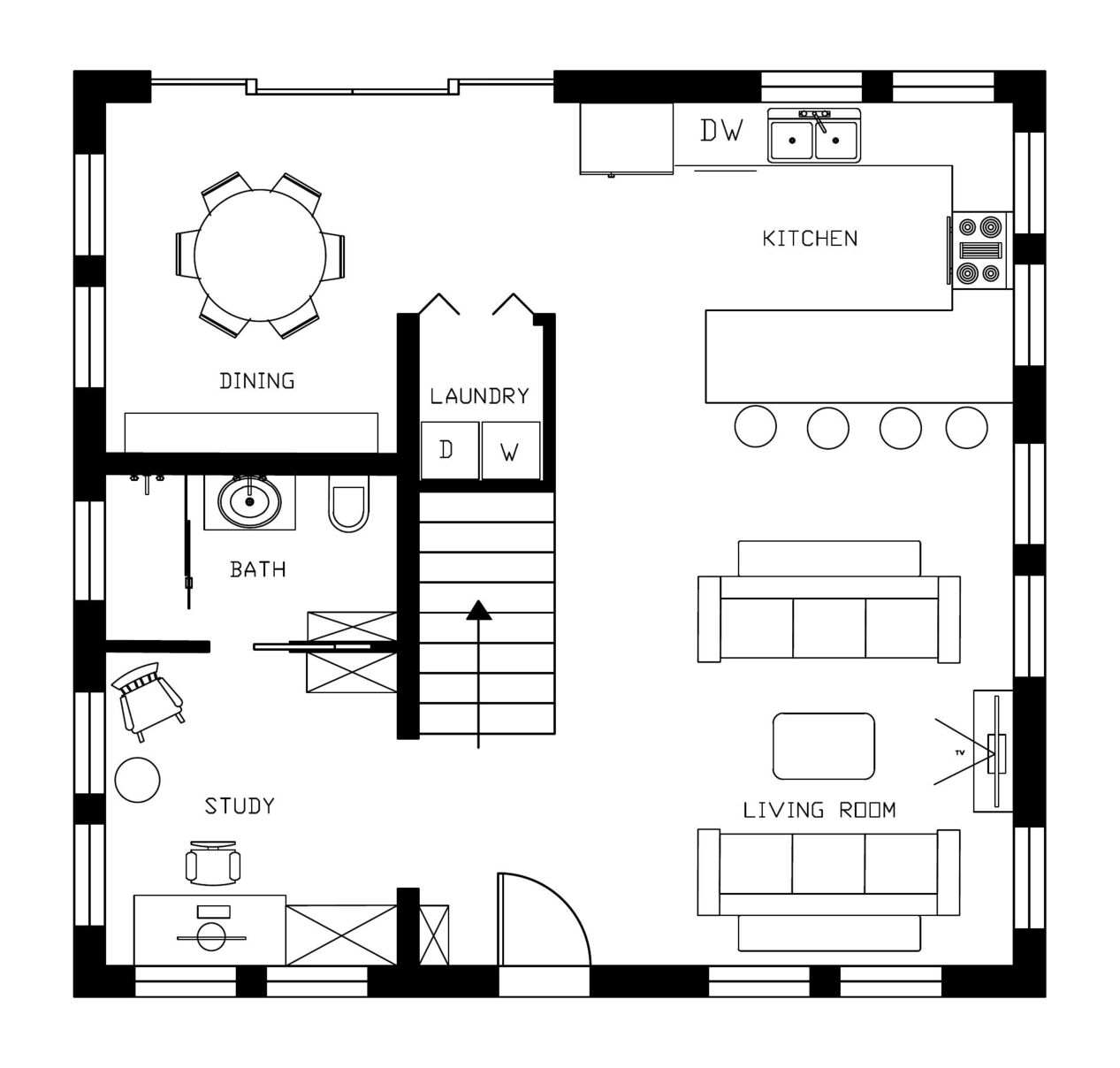 After, the same floor, rearranged and renovated: an open plan with kitchen island, a two-sofa living area, dining, laundry and study.