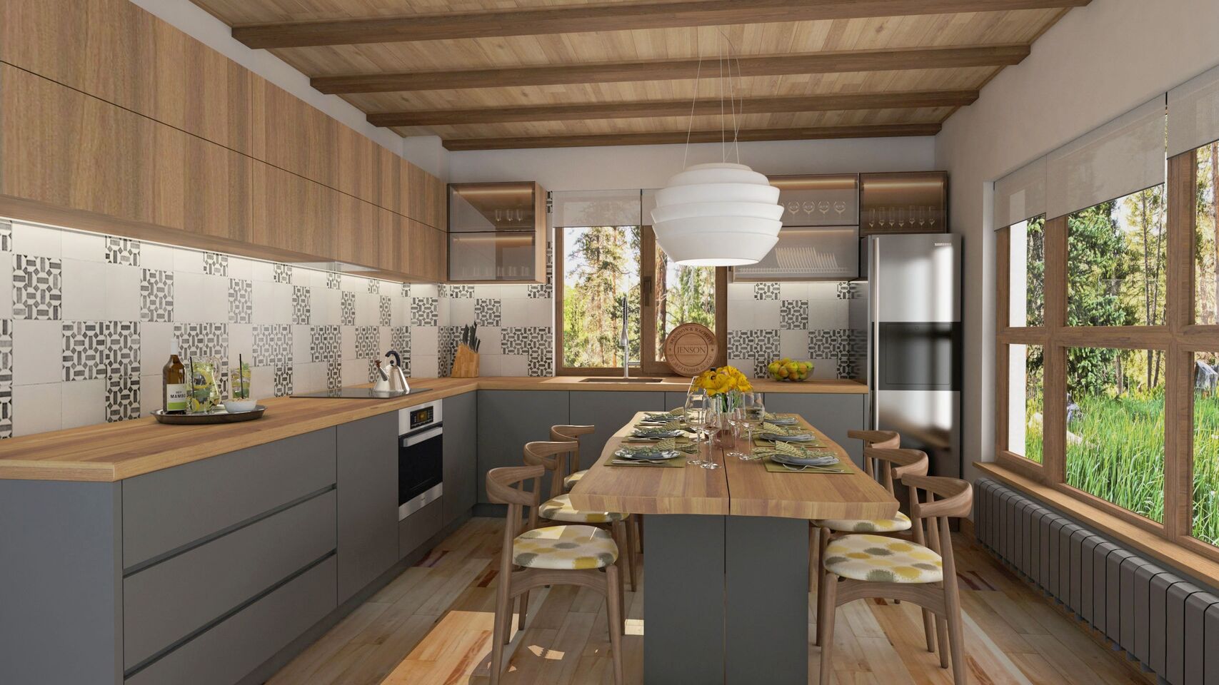 Общ изглед към кухнята и масата.