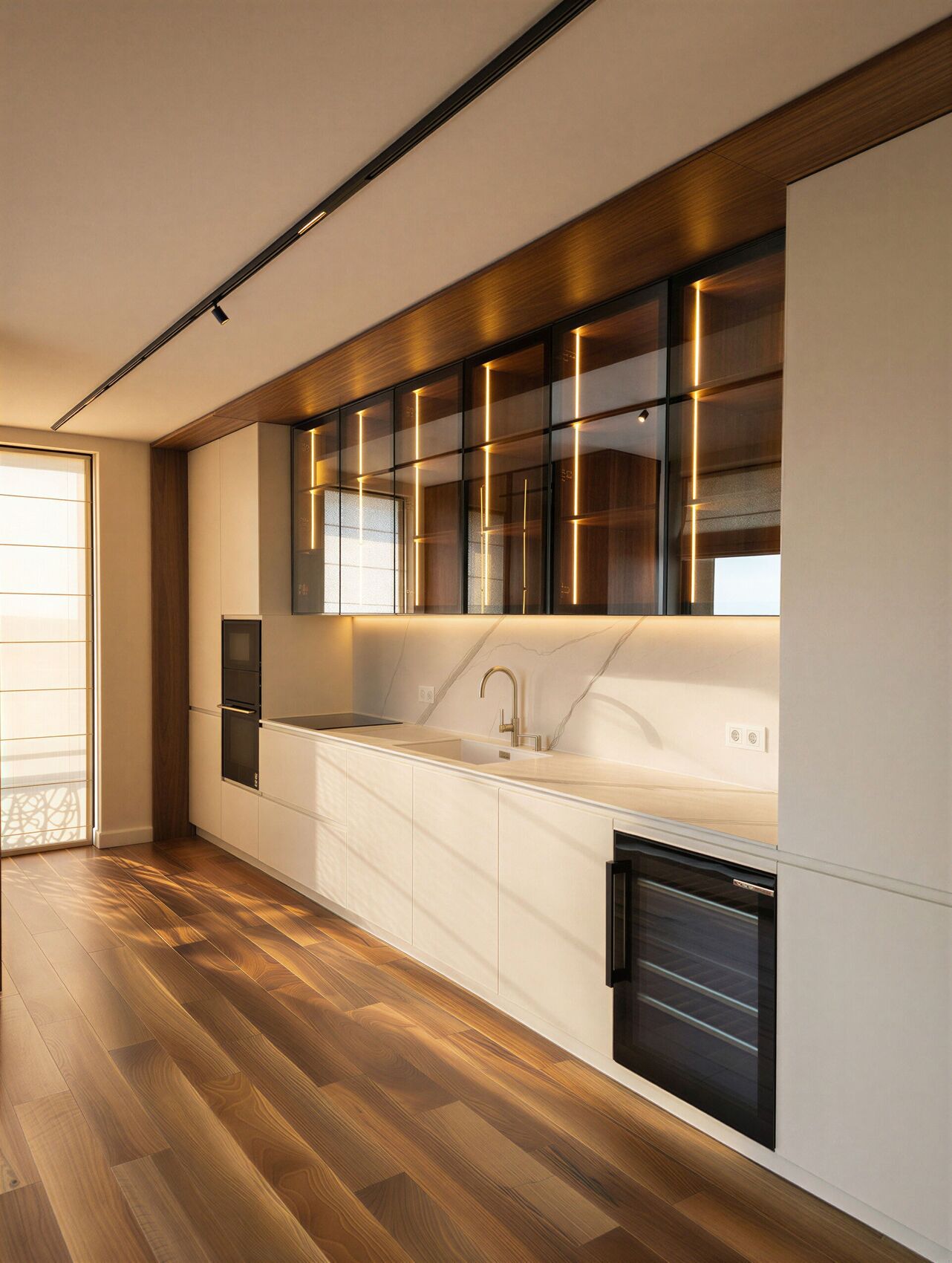Küche mit Glasvitrinen und Weinkühlschrank.