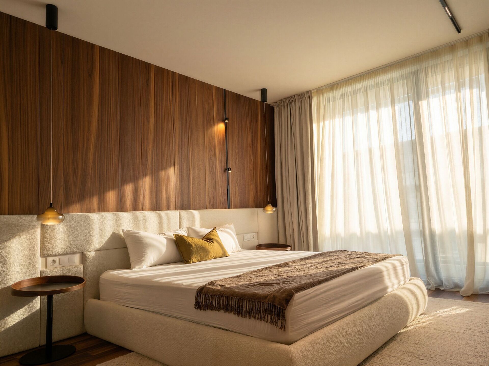Schlafzimmer mit gepolstertem Bett, Nussbaumwand und Licht vom Fenster.