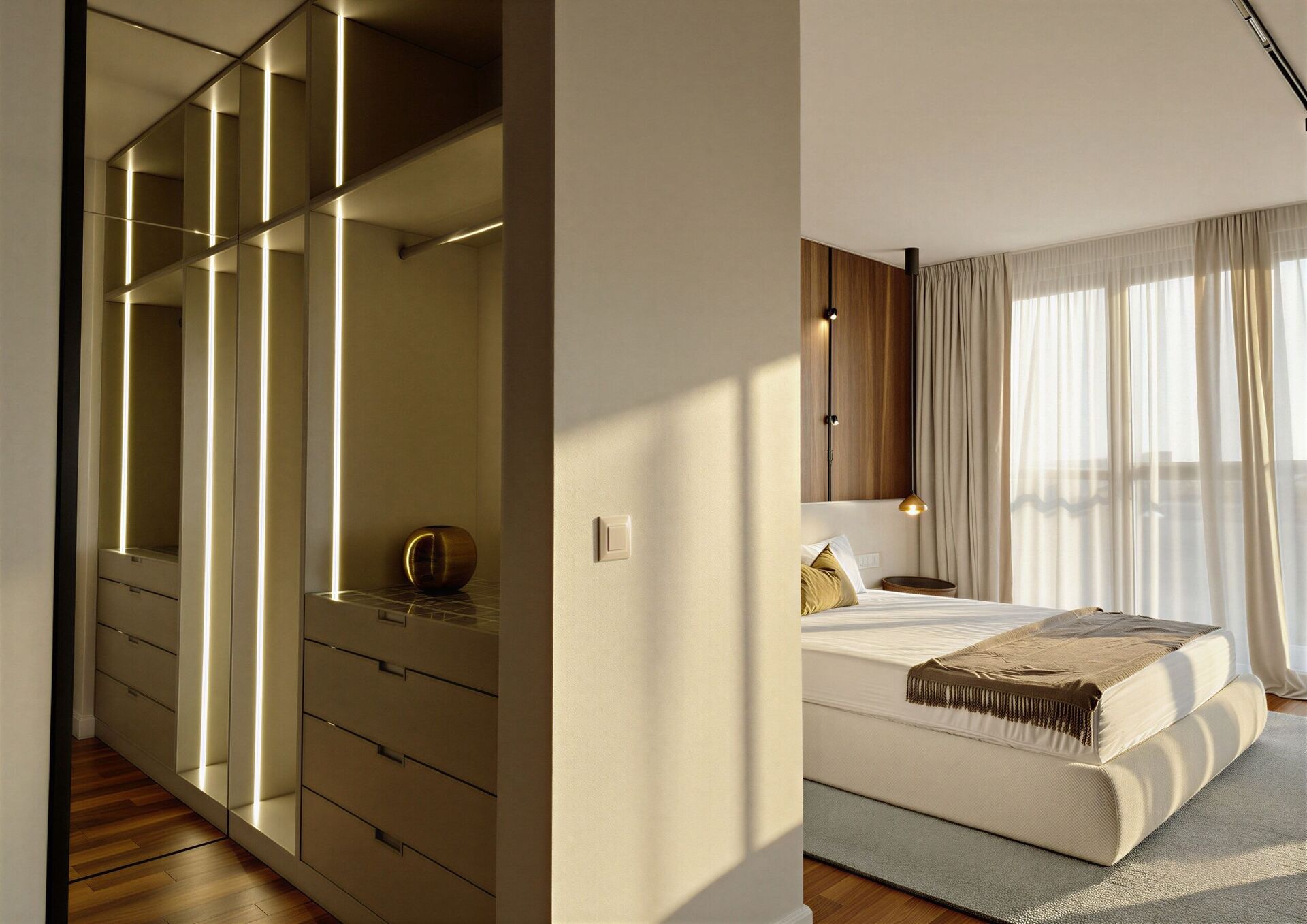 Das Schlafzimmer zum Bett, mit Spiegelkleiderschrank und Lichtleisten links.
