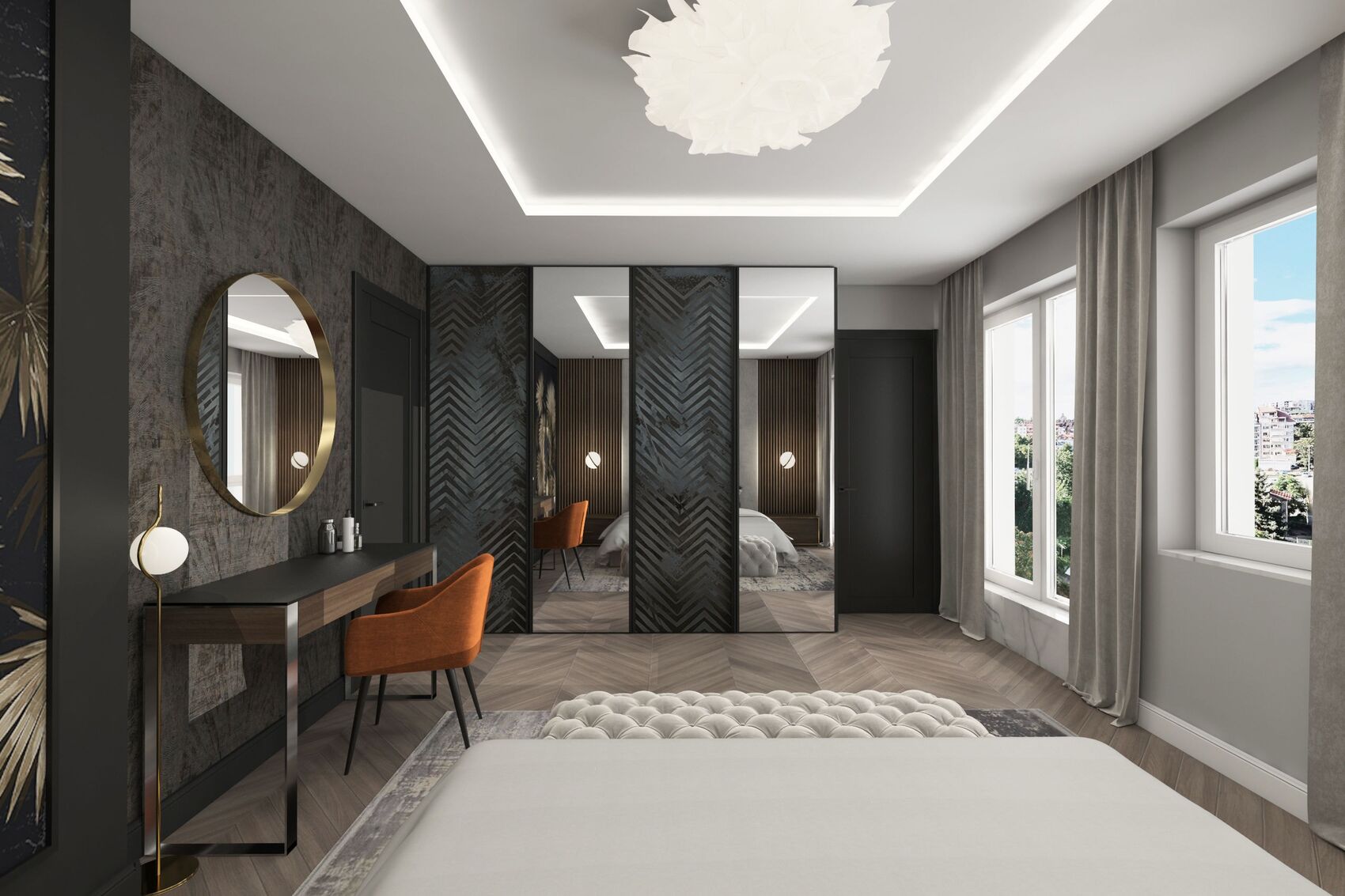 Visualisation vers la coiffeuse, le dressing miroir et les fenêtres.