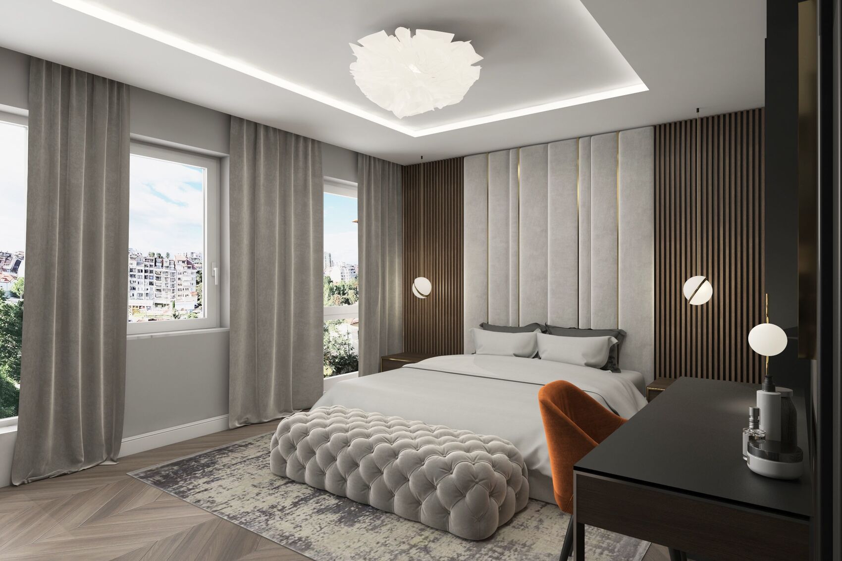Visualisation de la chambre vers les fenêtres, la tête de lit et la coiffeuse.