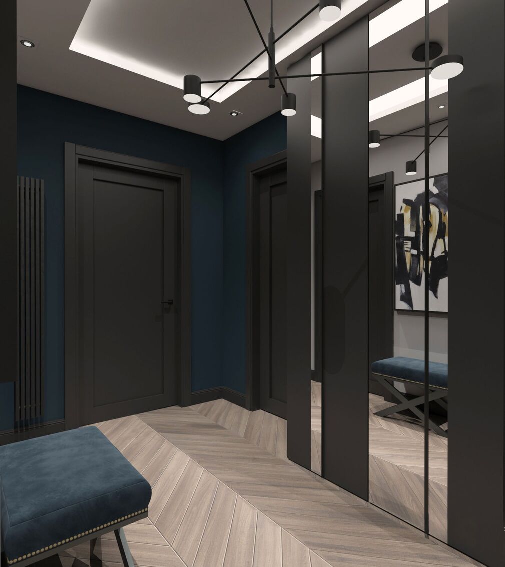 Visualisation : portes de dressing miroir reflétant le banc.