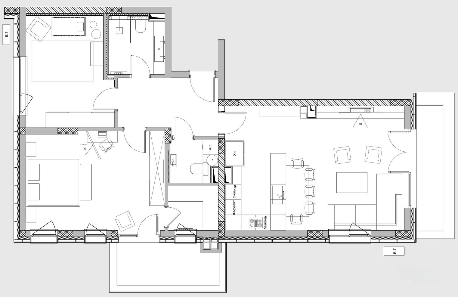 Plan de l’appartement : deux chambres, un séjour-cuisine ouvert, deux salles de bain et une entrée.