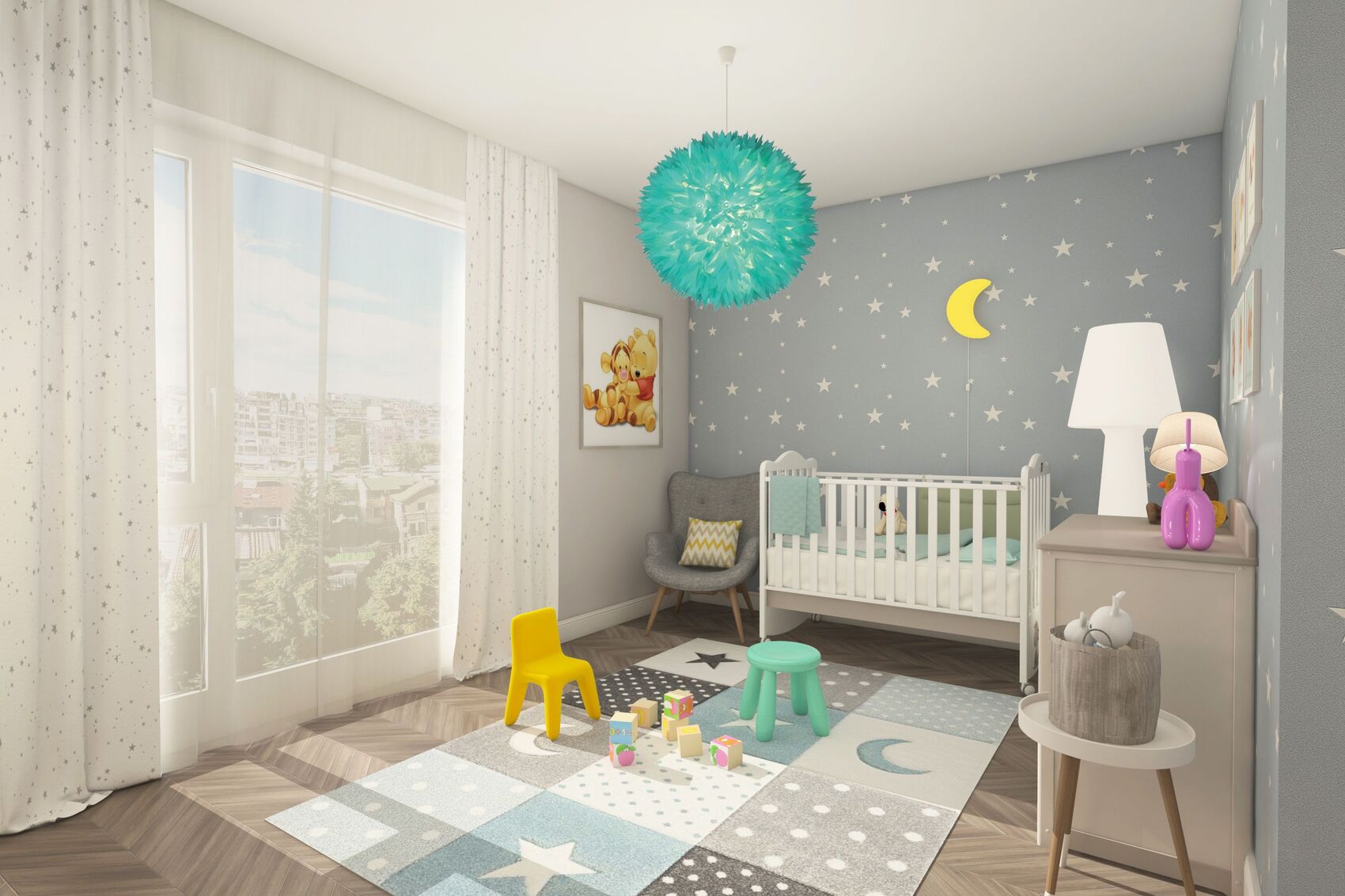 Visualisation vers la haute fenêtre, le berceau et les jouets sur le tapis.