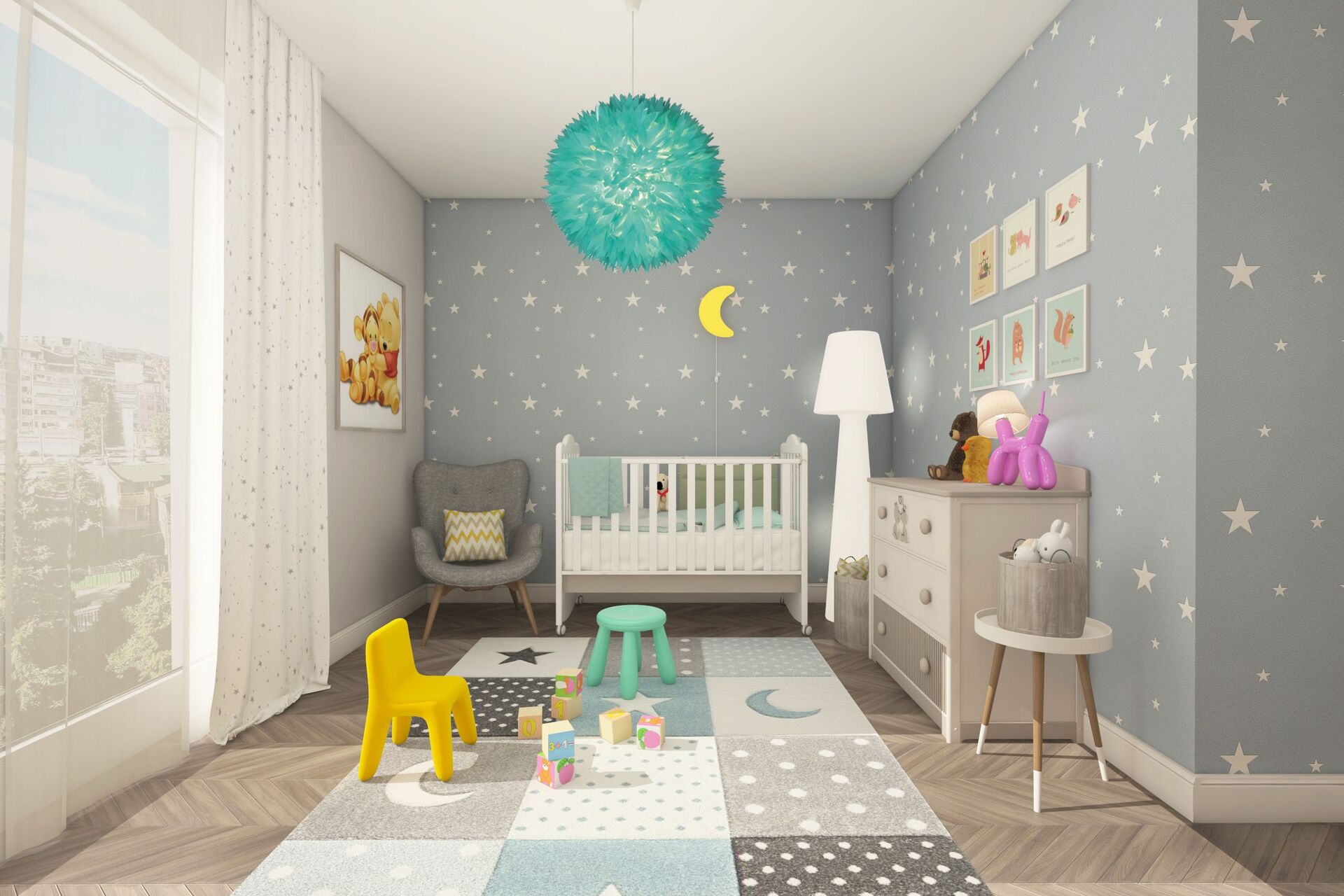 Visualisation de la chambre de bébé : berceau blanc, papier étoilé, suspension turquoise et vue sur la ville.