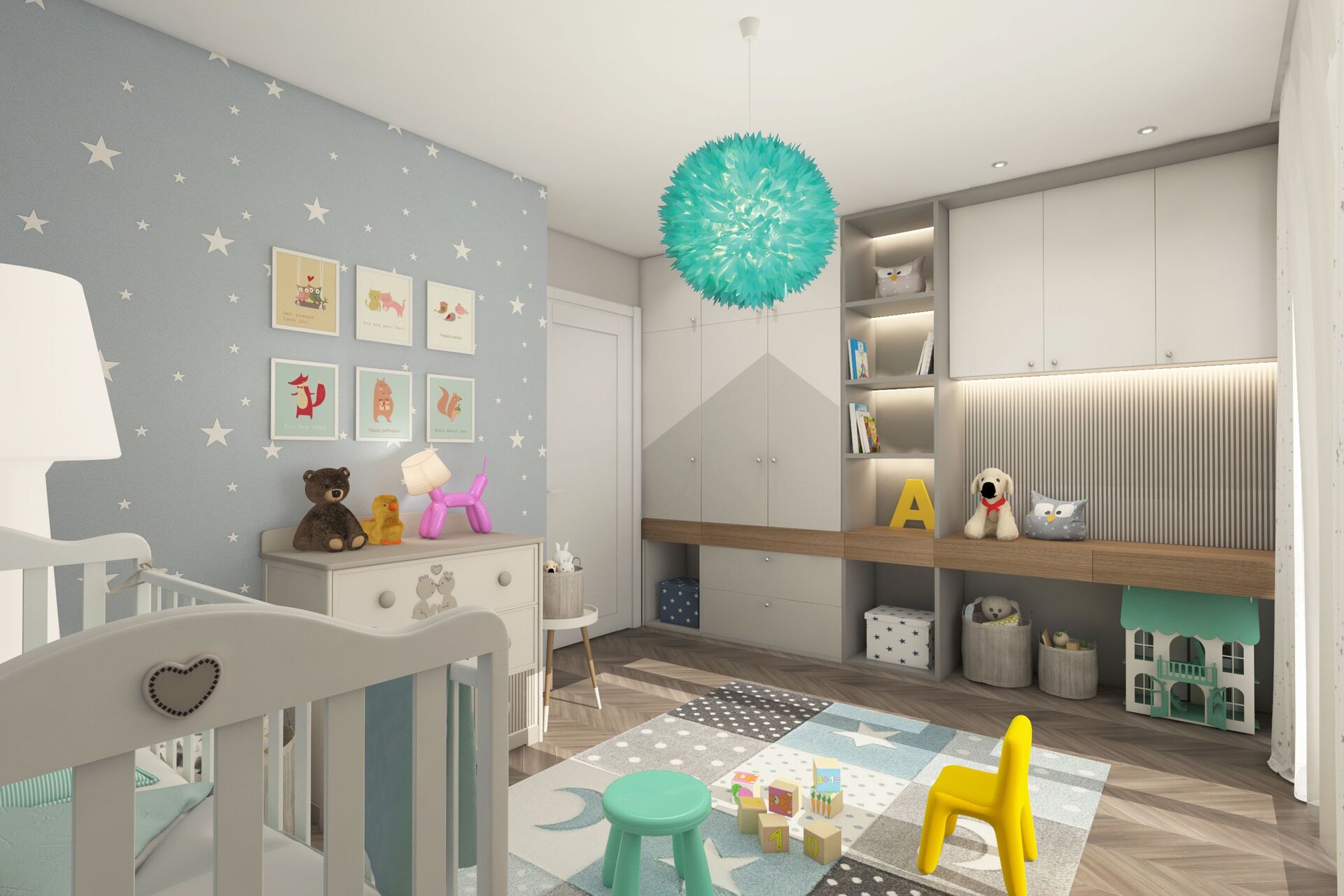 Visualisation du mur d’armoire avec un bureau, des étagères ouvertes et un tapis de jeu.