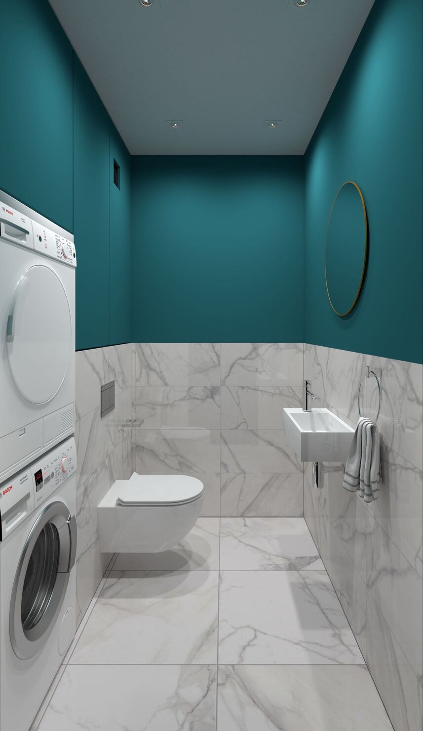 Visualisation des toilettes vers le vasque et le miroir rond.