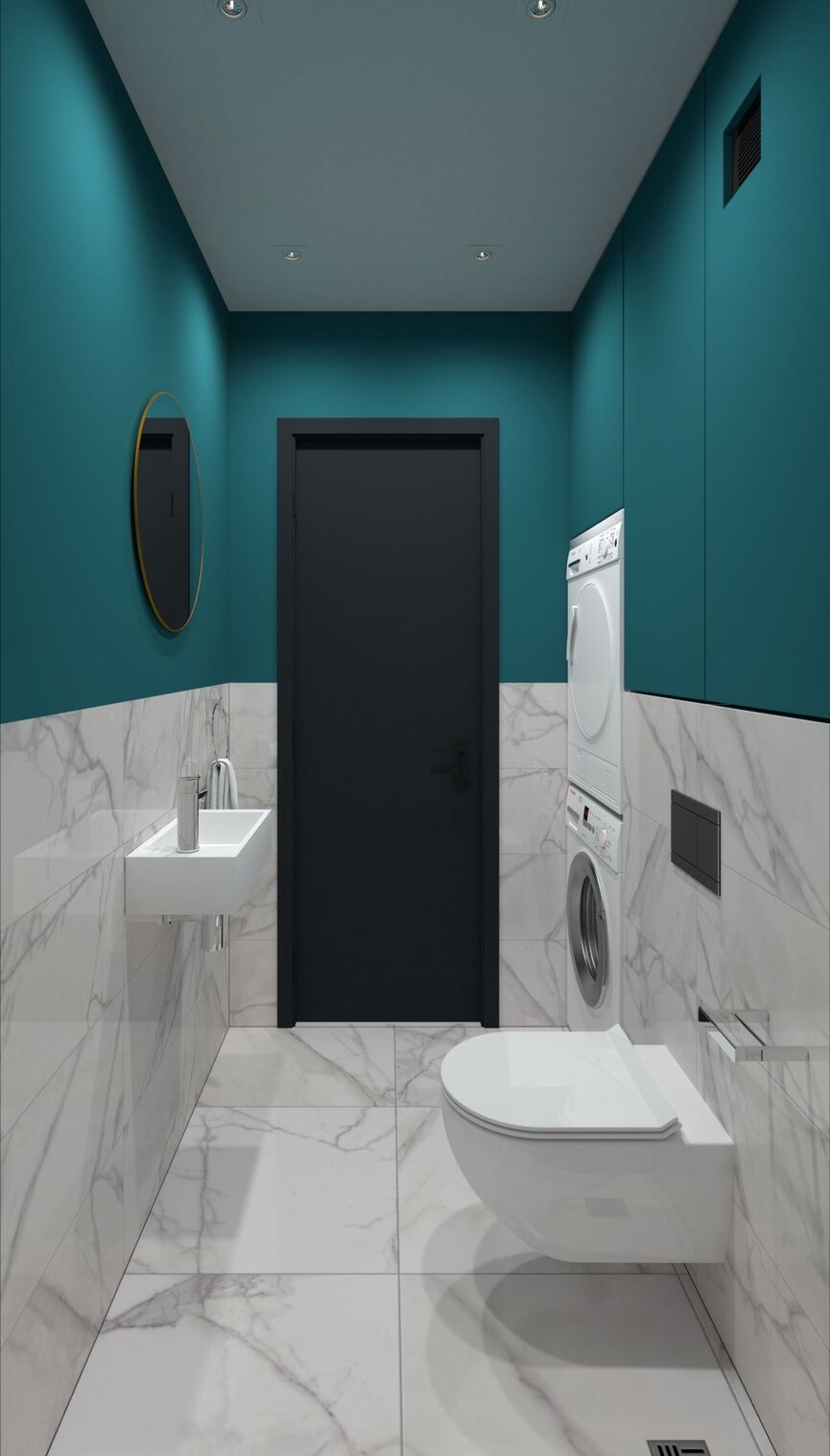 Visualisation vers la porte noire, le vasque et la colonne de lavage.