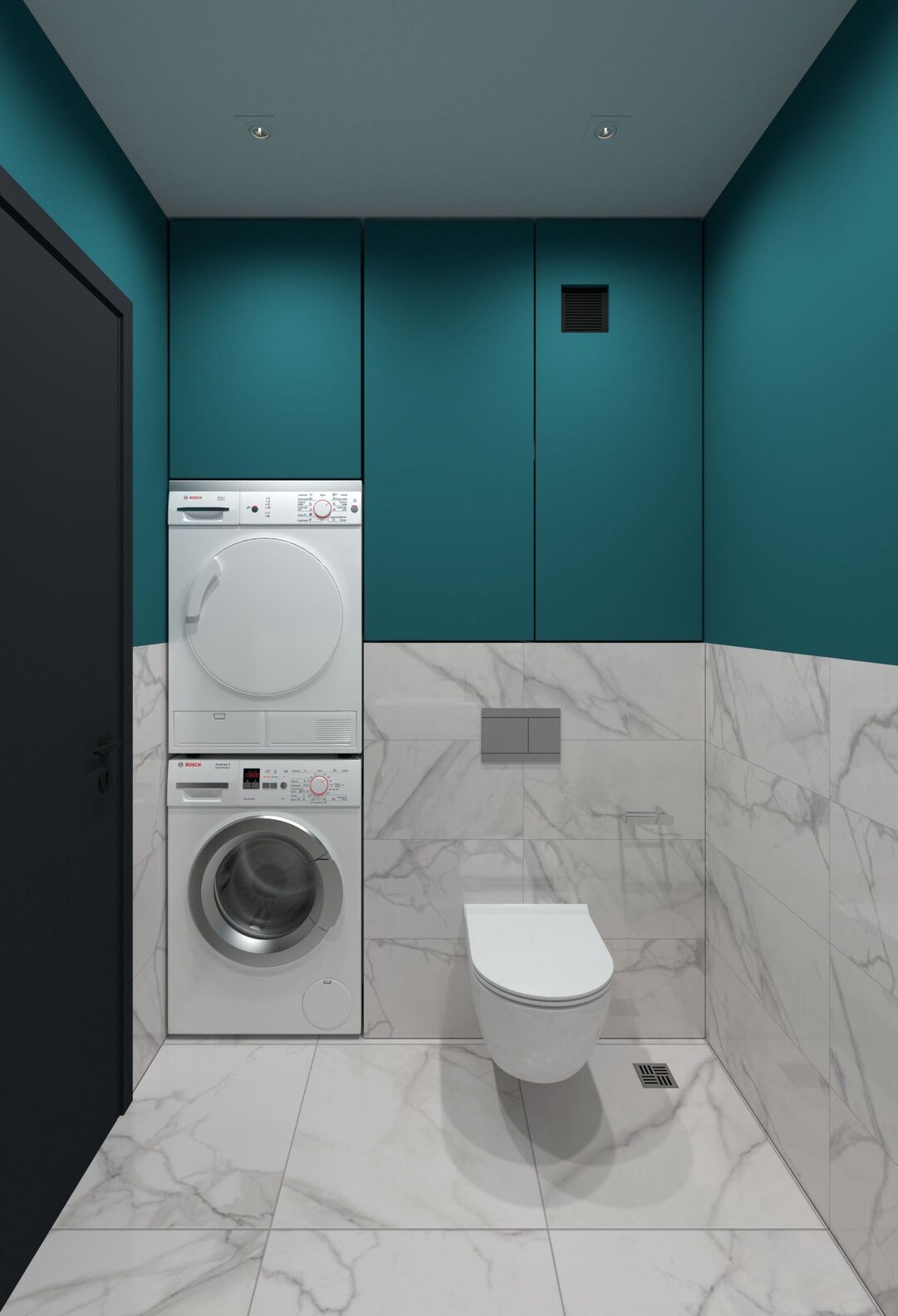 Visualisation : panneaux sarcelle au-dessus du lave-linge et du sèche-linge.