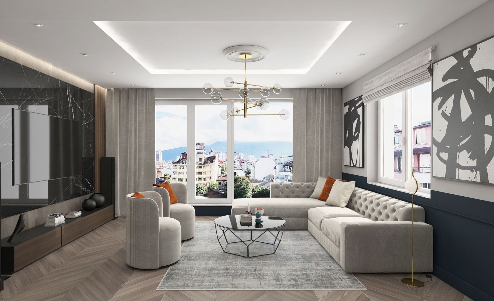 Visualisation du séjour vers la baie du balcon et la vue urbaine.