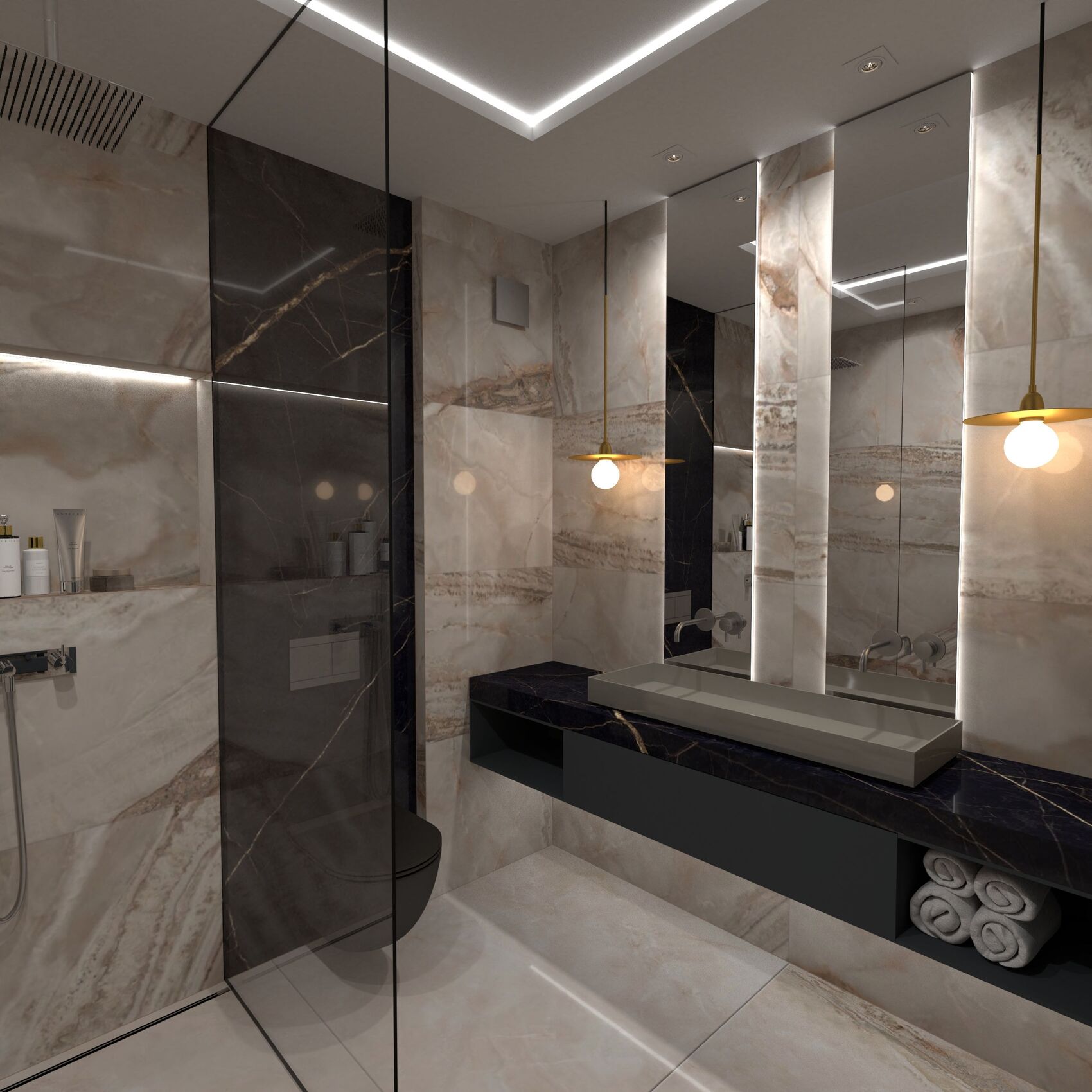 Visualisation vers la douche, la paroi vitrée et le plan suspendu.