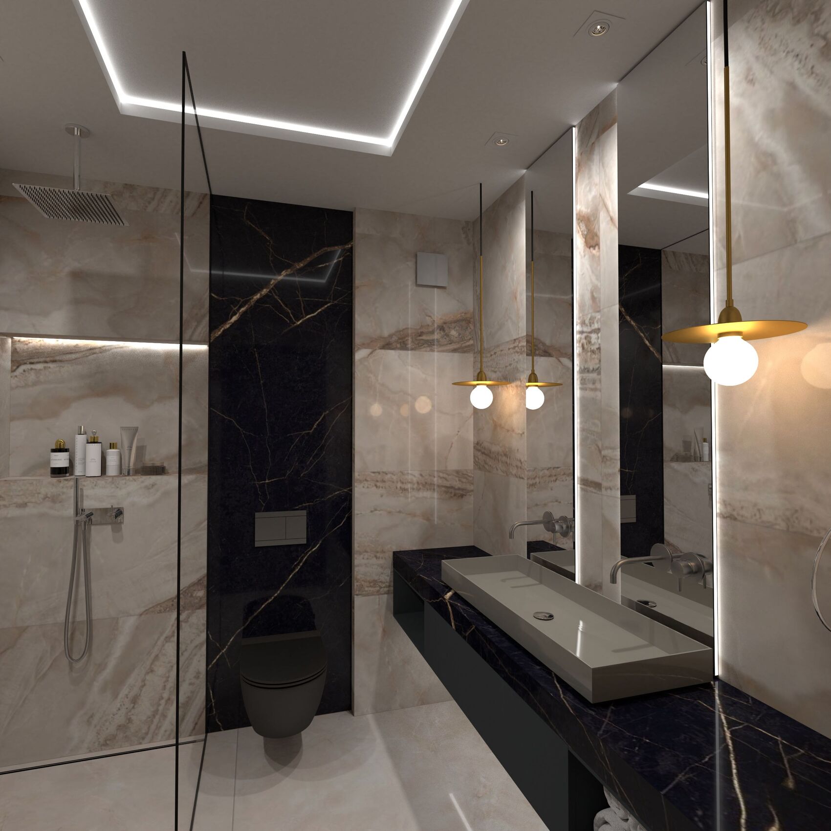 Visualisation de la salle de bain principale : douche, pierre sombre et vasque.