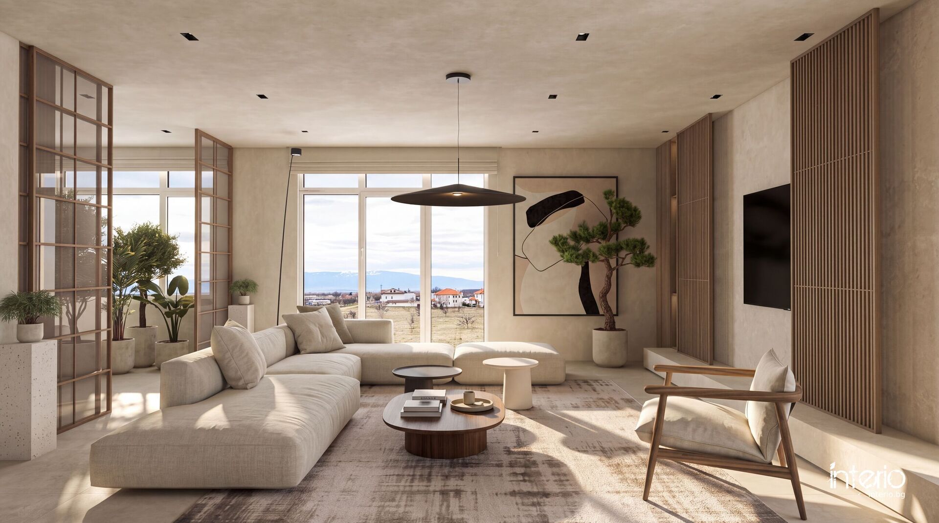 Sofá hacia las ventanas, el bonsái y las lamas de madera del muro del hogar.