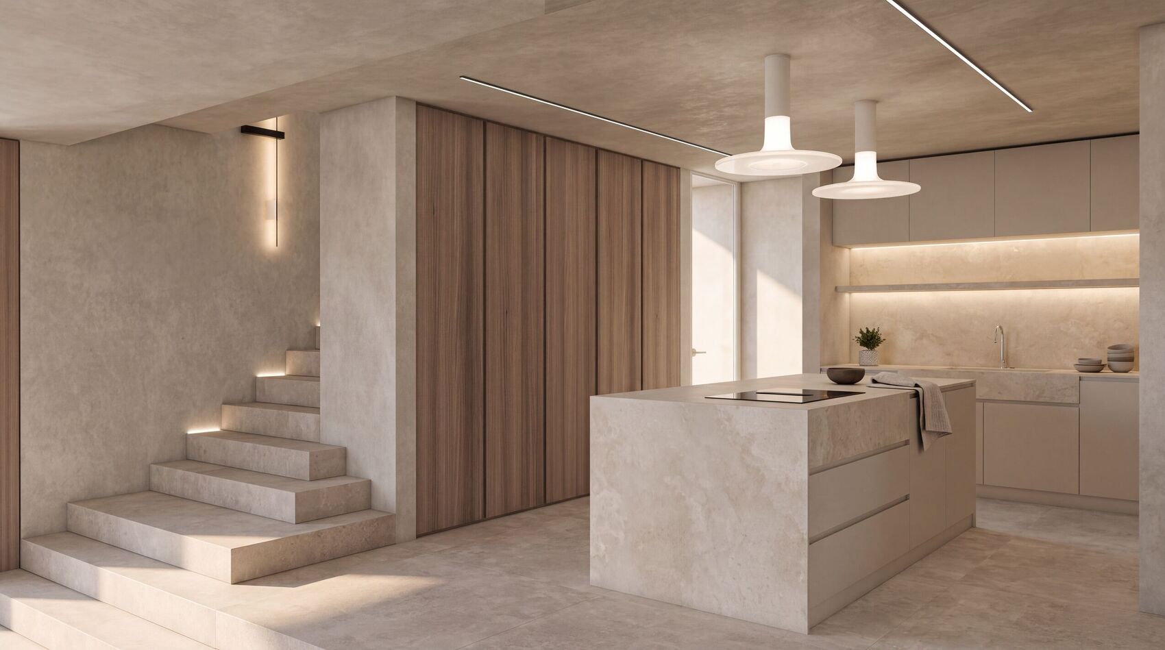 Cocina hacia la escalera de piedra y los paneles de madera.