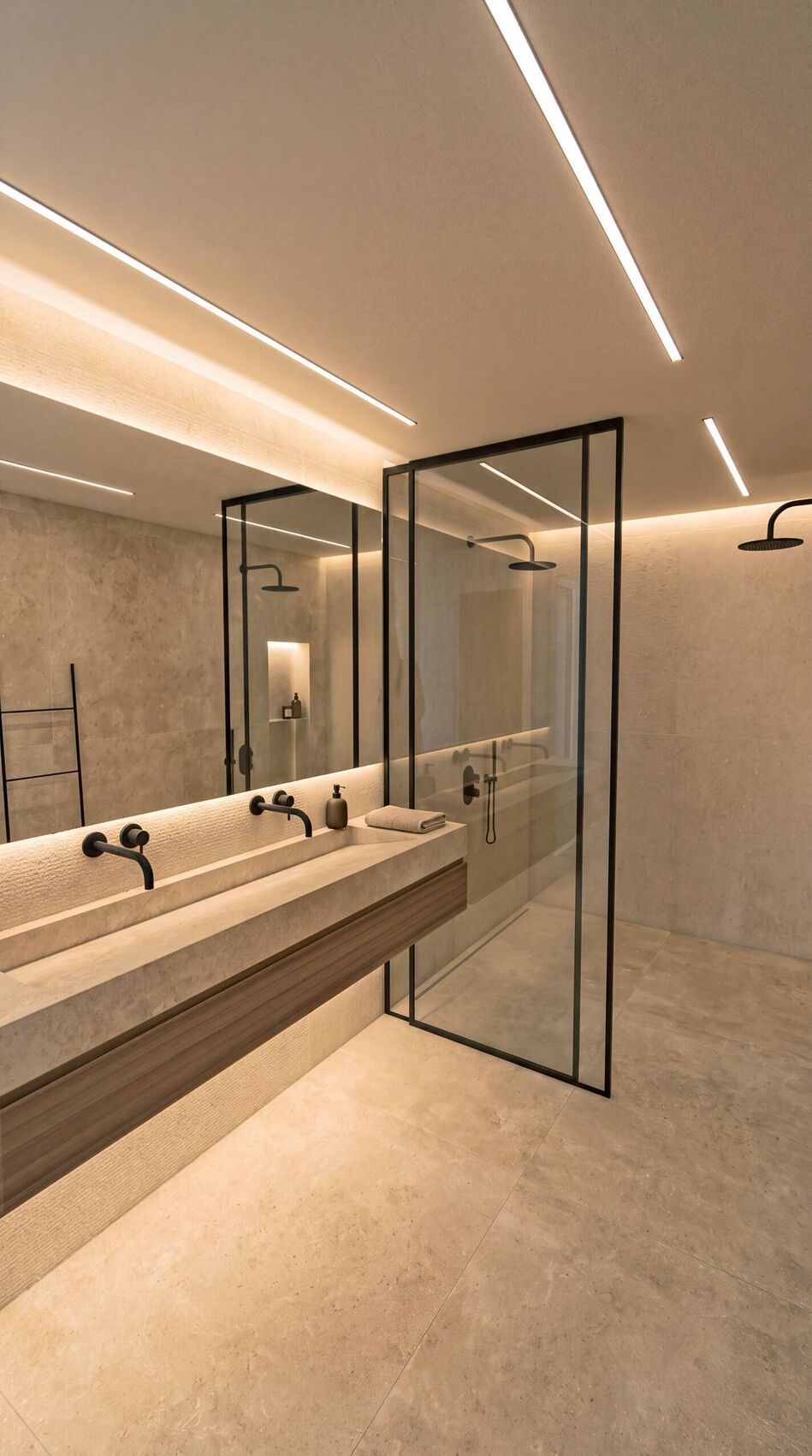 Baño principal: lavabo largo y ducha de vidrio.