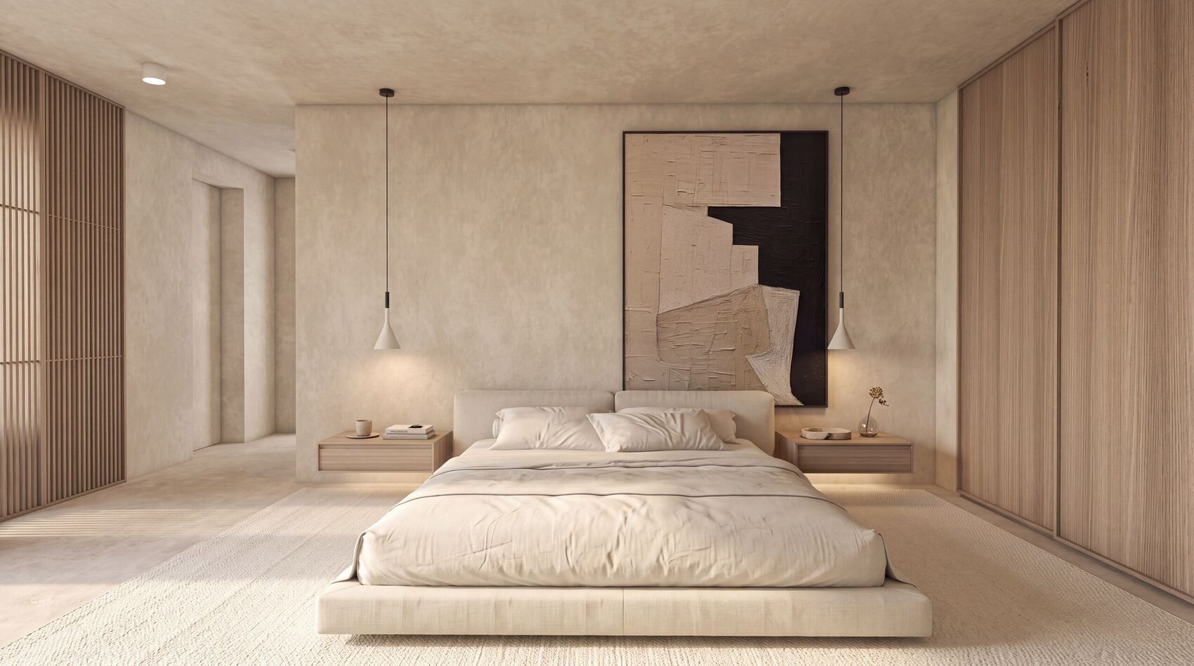 Dormitorio con pintura y armarios de madera.