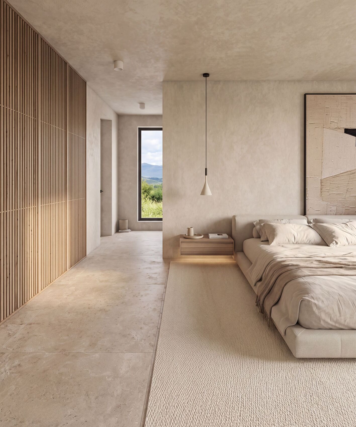 Dormitorio hacia el pasillo y la ventana estrecha.