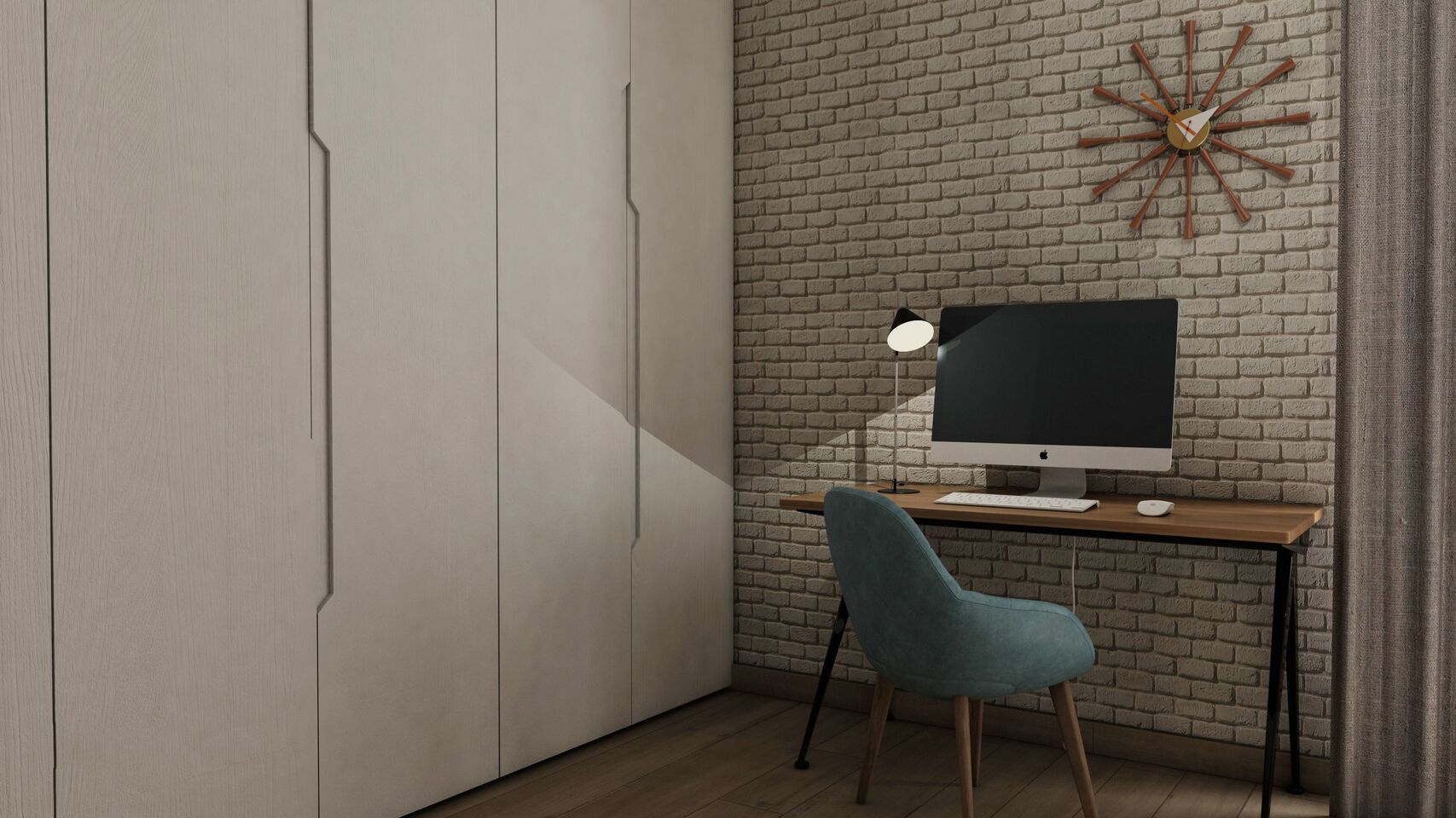 Der Schreibtisch vor dem Ziegel, neben den hellen Türen bis zur Decke.