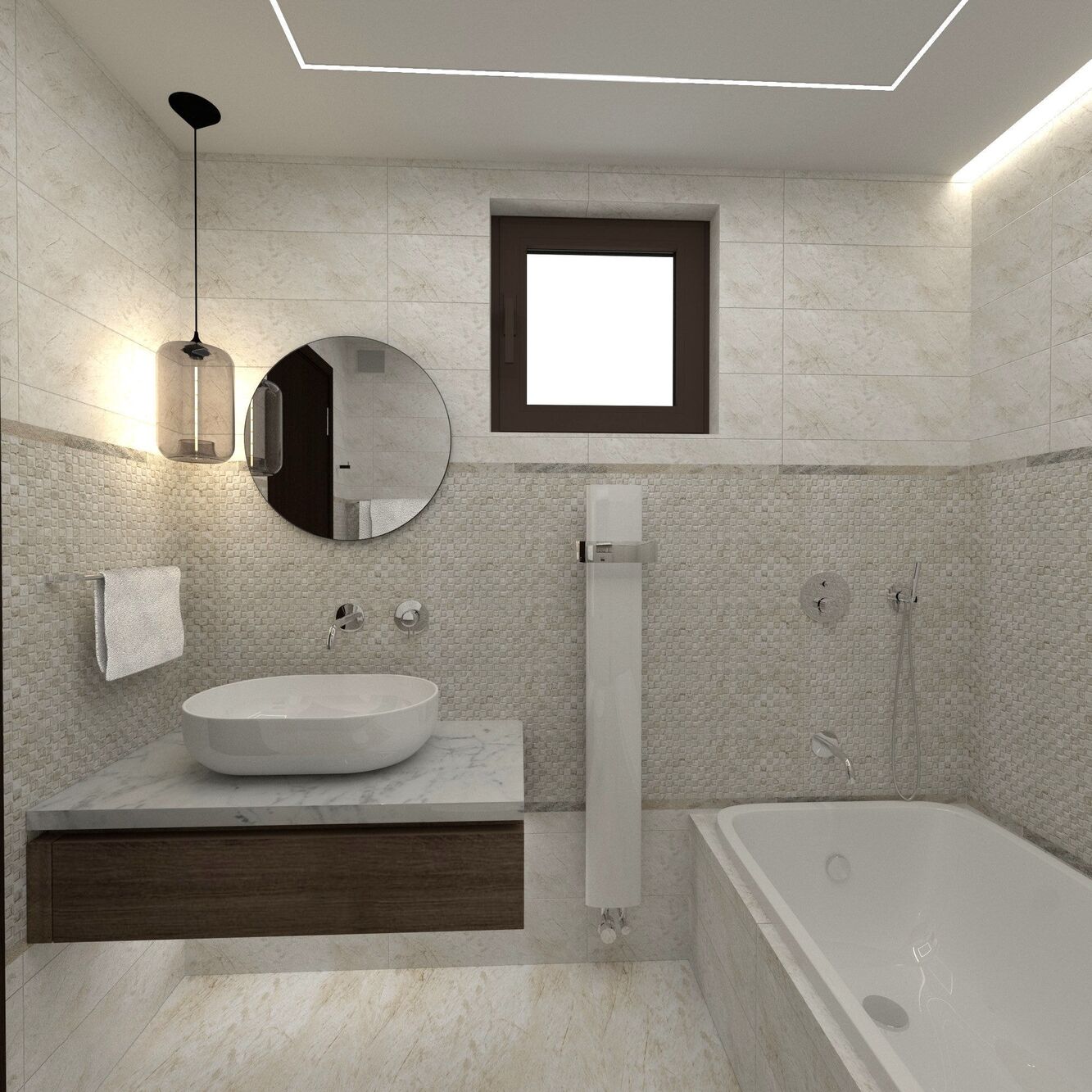 Becken, Wanne und runder Spiegel in hellem Mosaik.