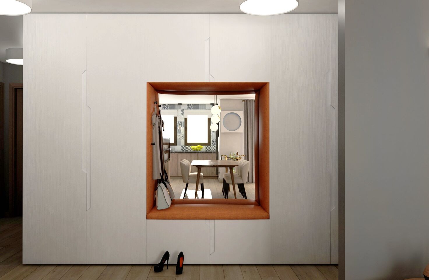 Weißer Eingangsschrank mit quadratischer Öffnung in orangefarbenem Rahmen zum Esszimmer.