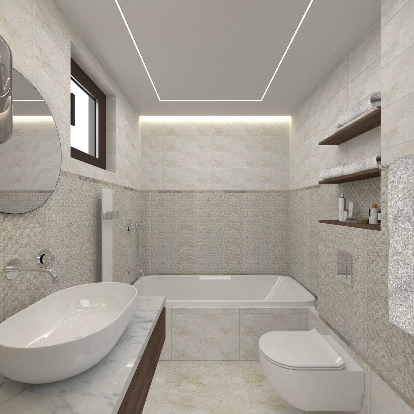 The bath between basin and WC, with timber shelves.