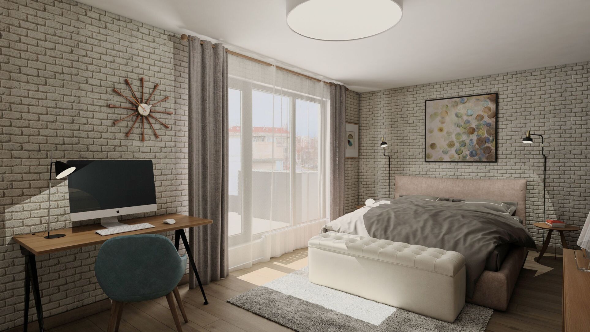 The bedroom toward the balcony: a desk against the brick, a tufted bench and a painting of circles above the bed.