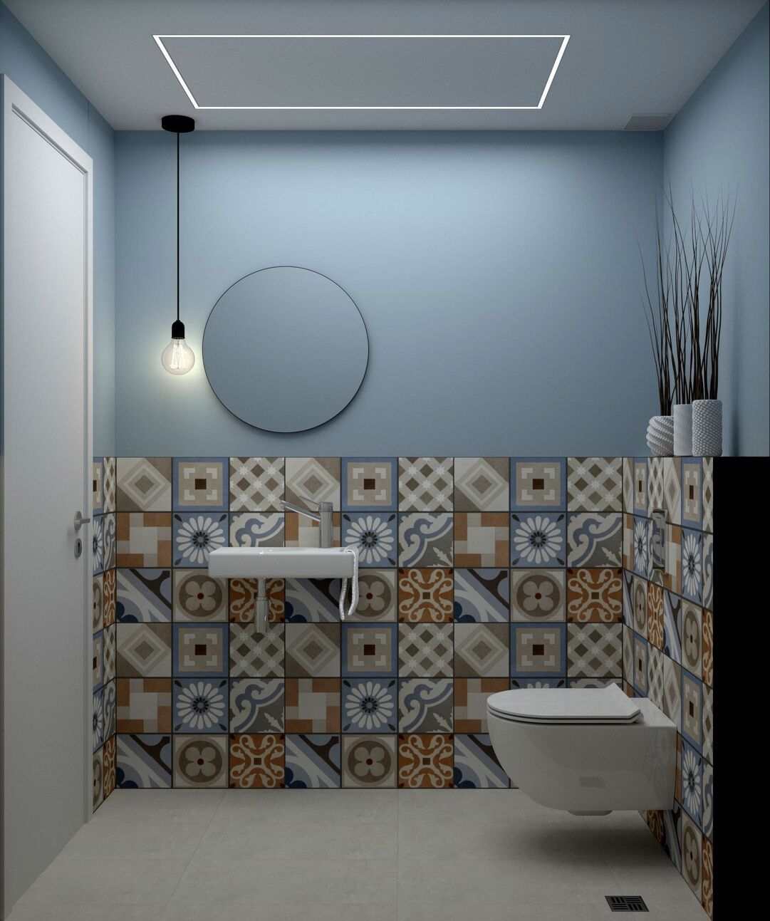 The same WC with a hanging bulb and a linear ceiling light.