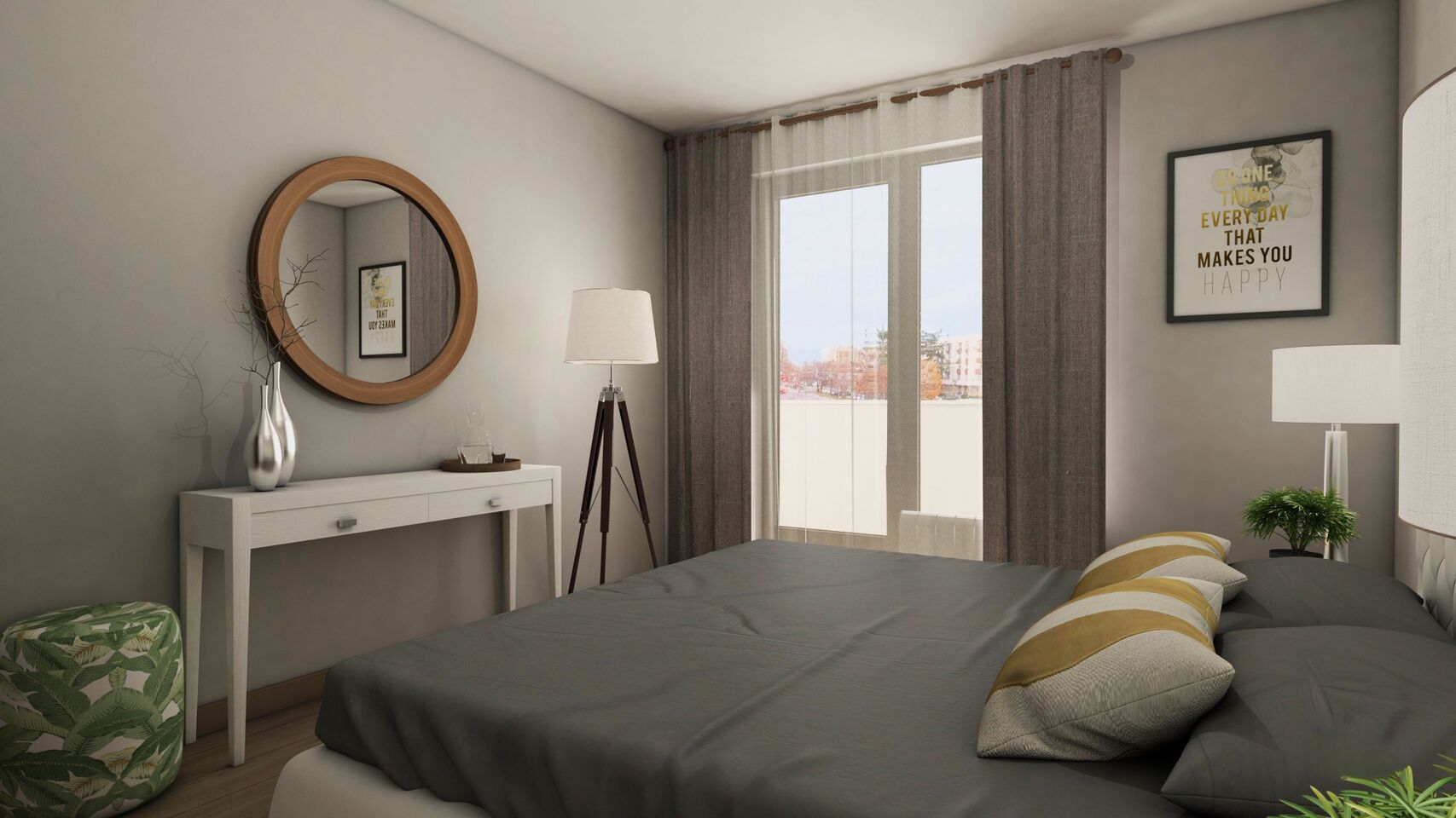 A console with a round mirror toward the balcony in the guest bedroom.