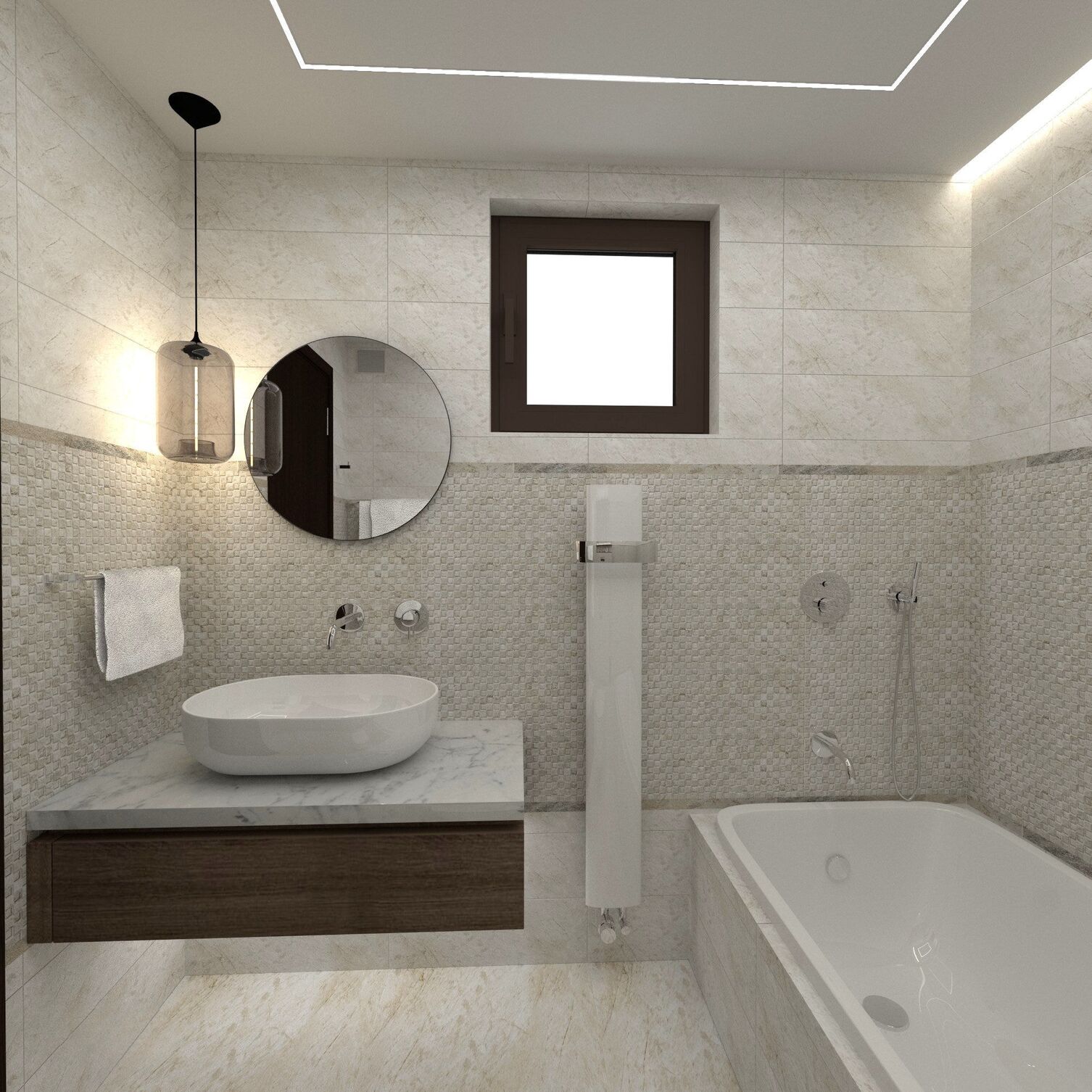 Salle de bain avec vasque posée sur marbre, miroir rond, baignoire et mosaïque claire.