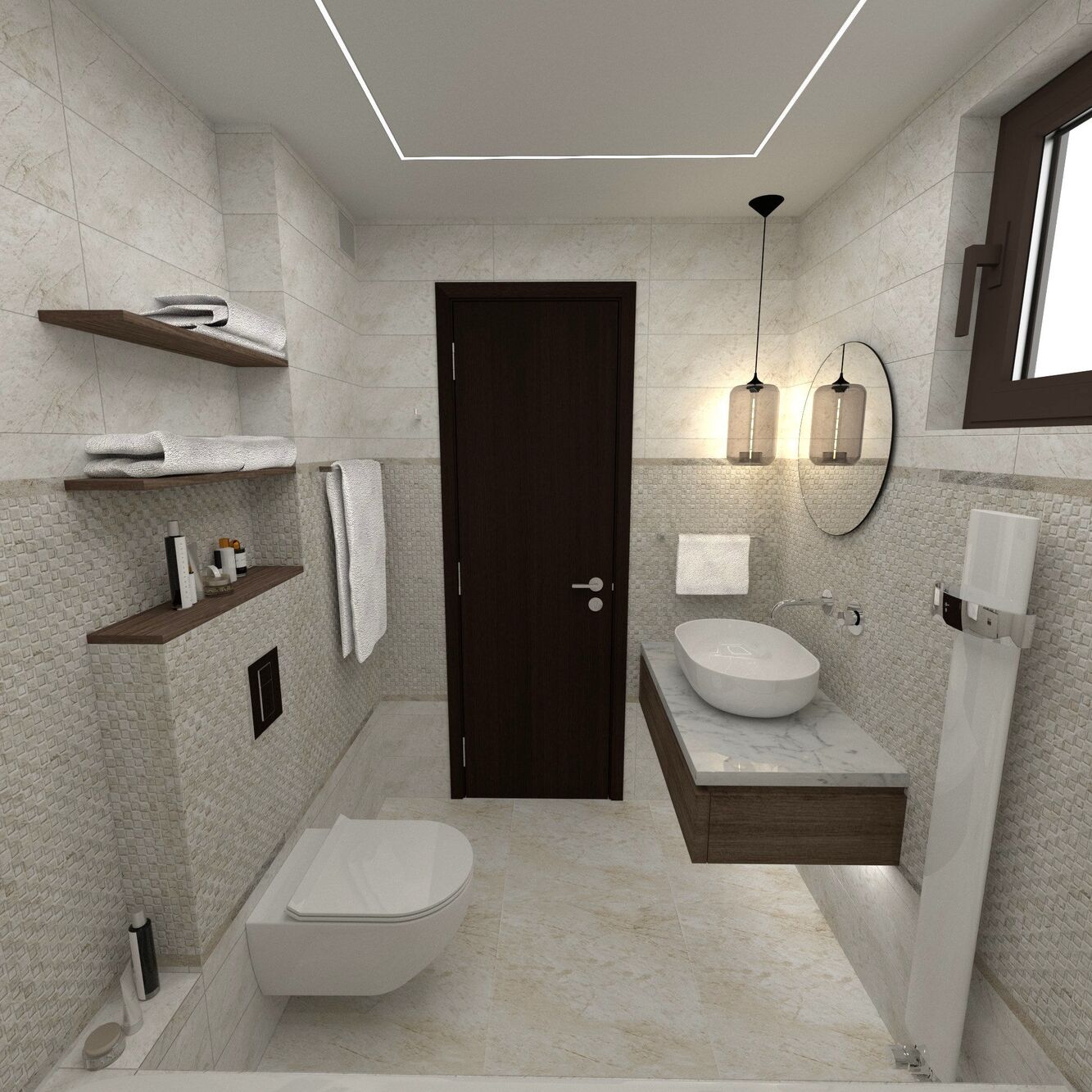 Vue vers la porte, les étagères et la vasque dans la salle de bain principale.