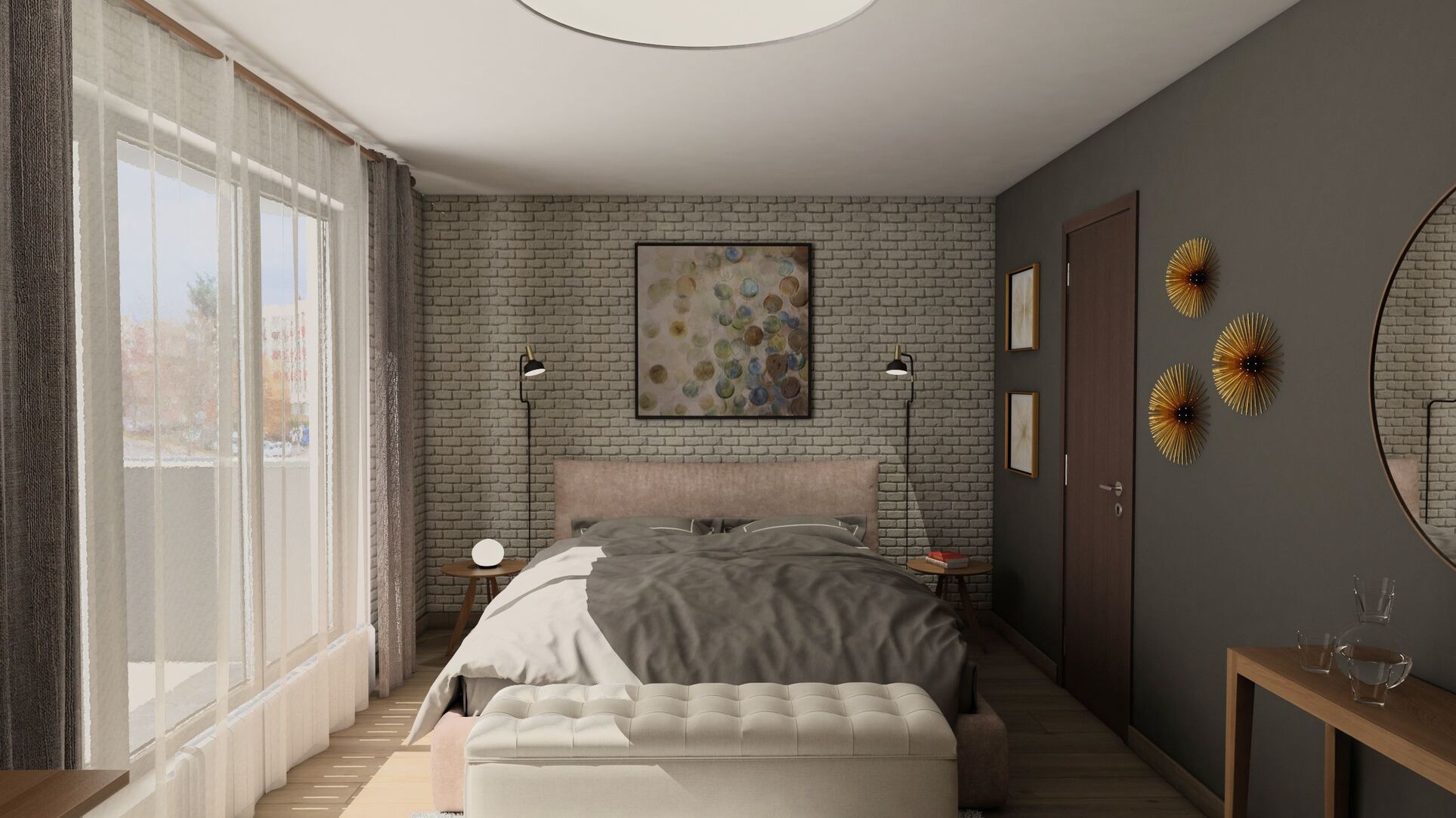 Chambre principale au mur de brique derrière le lit, mur gris aux disques dorés et un balcon.
