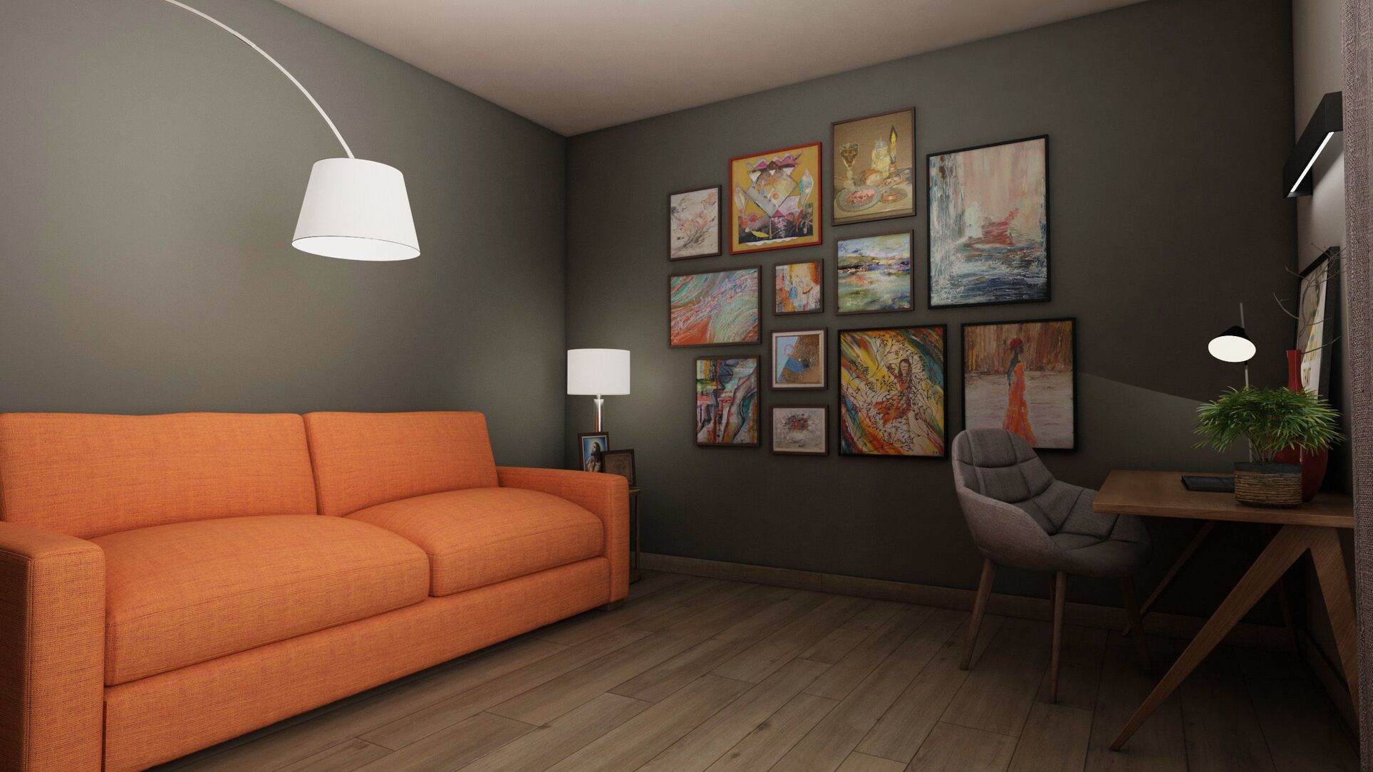 Pièce de travail avec un canapé orange, une lampe arc et un mur sombre de nombreux tableaux.