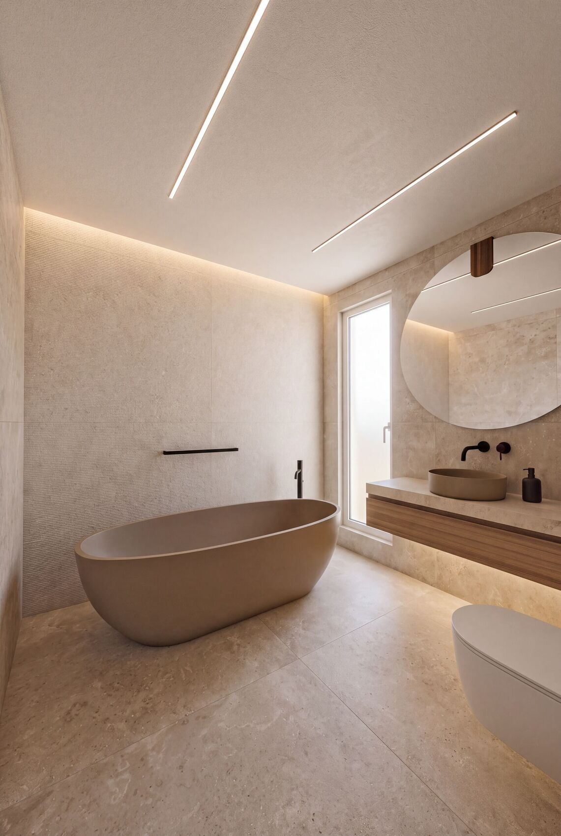 Baño con bañera oval, espejo redondo y lavabo de piedra.