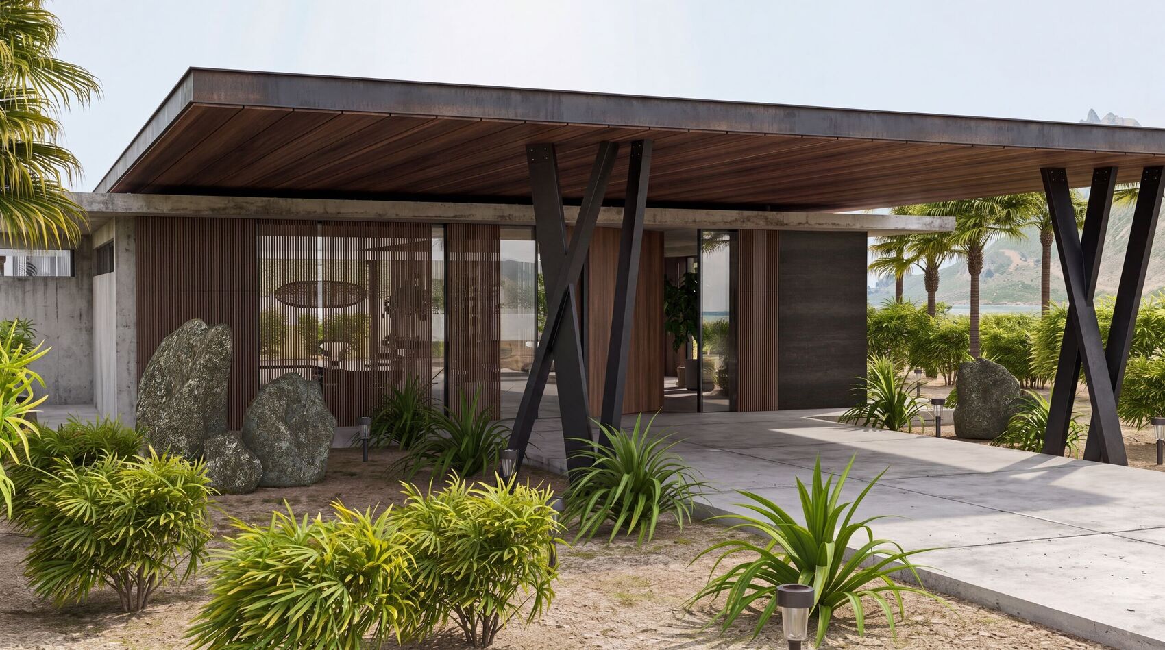 Un angle de côté avec le toit, les supports et les blocs.