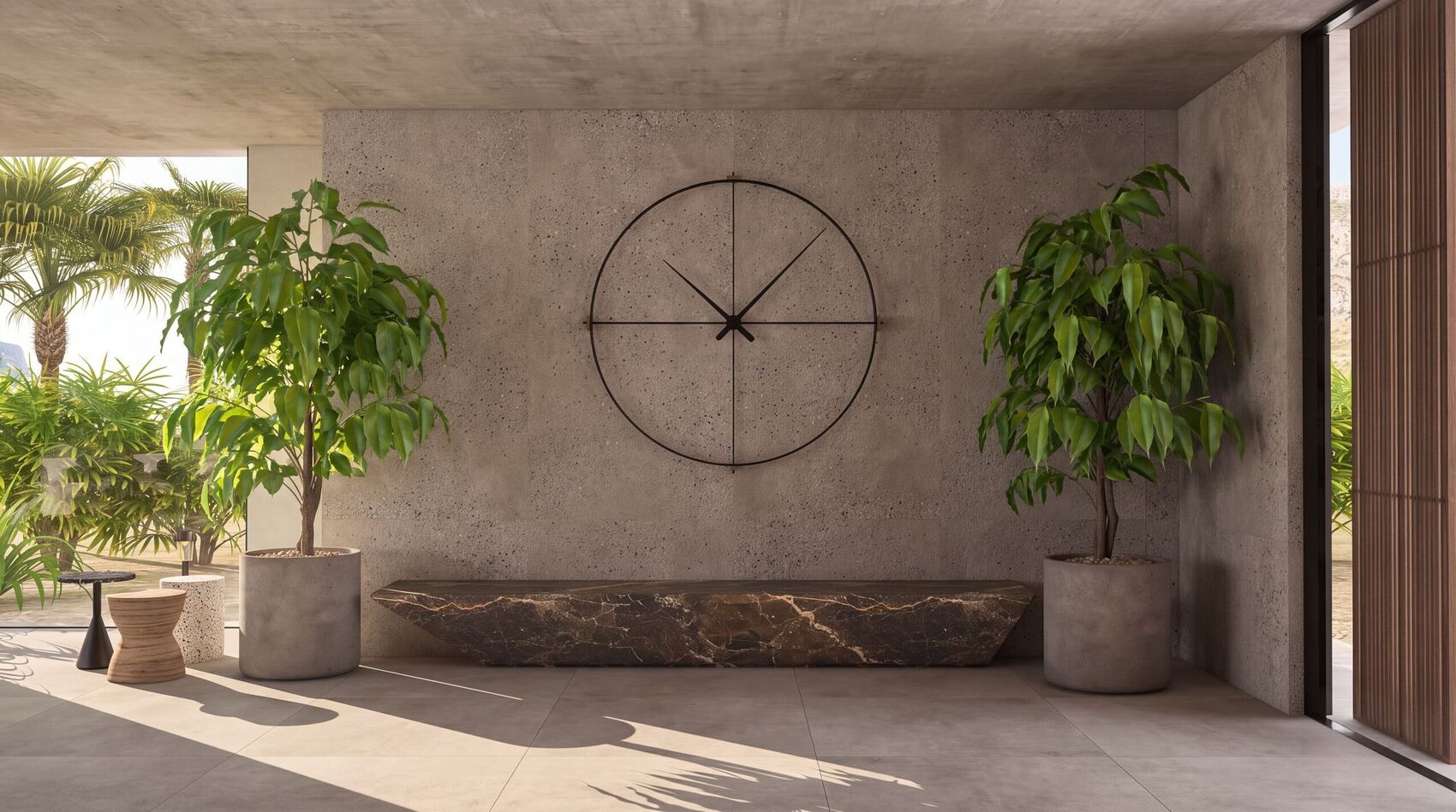 Stone console and clock on the concrete wall.